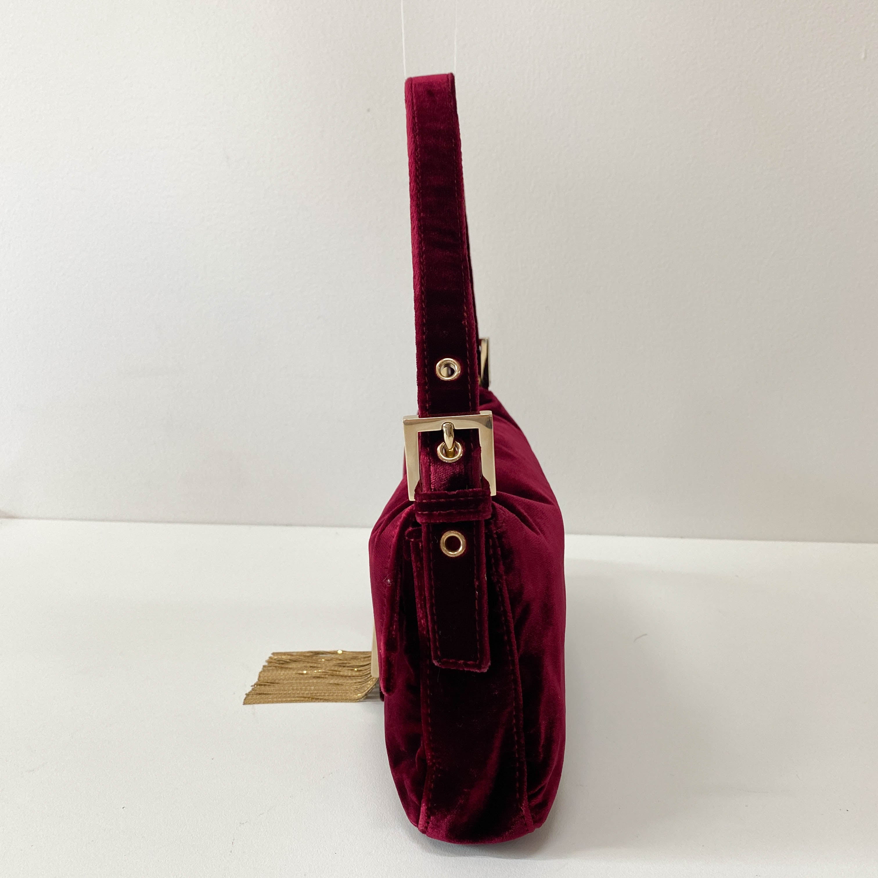 Limited Edition Baguette Burgundy Velvet Gold Fringe Shoulder Bag