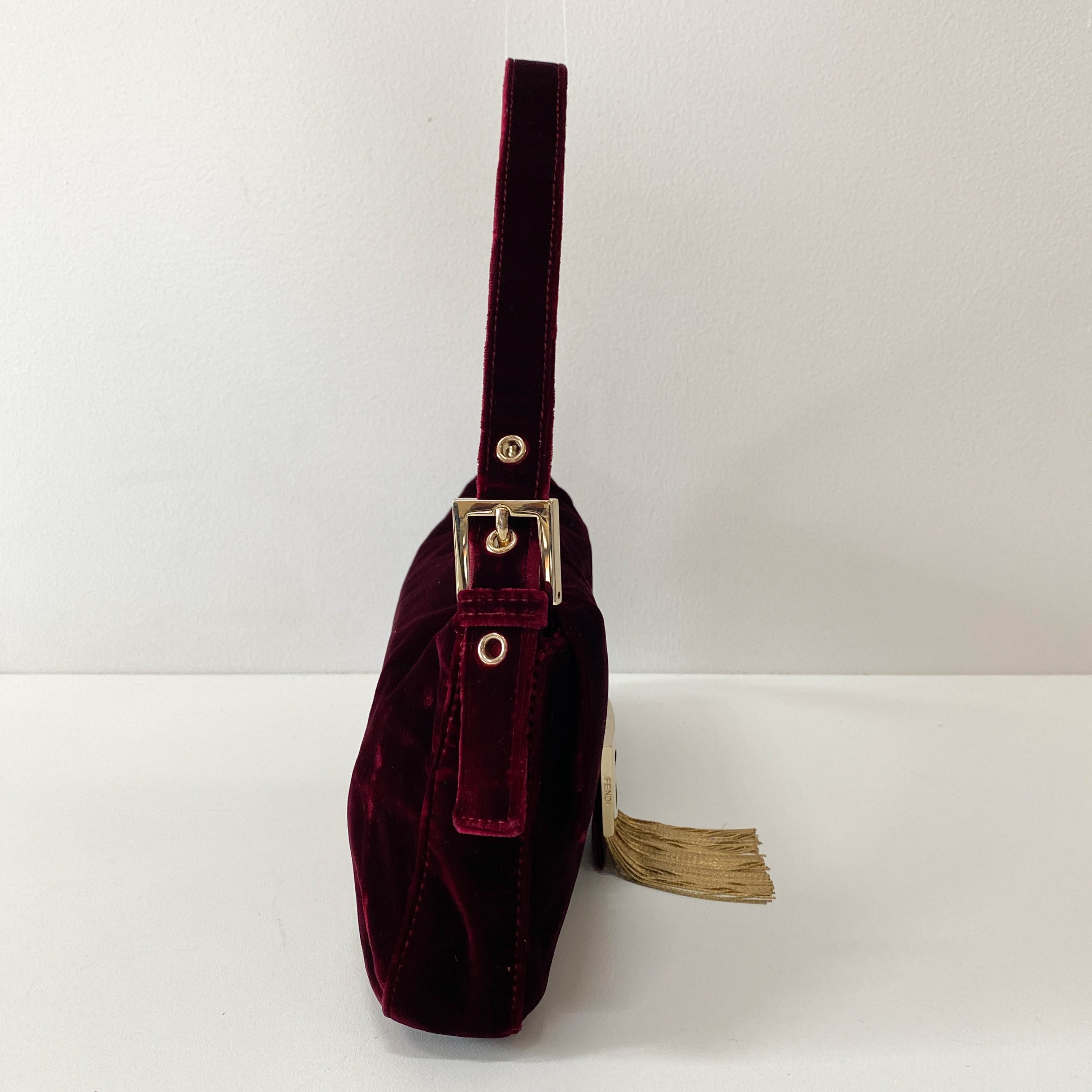 Limited Edition Baguette Burgundy Velvet Gold Fringe Shoulder Bag
