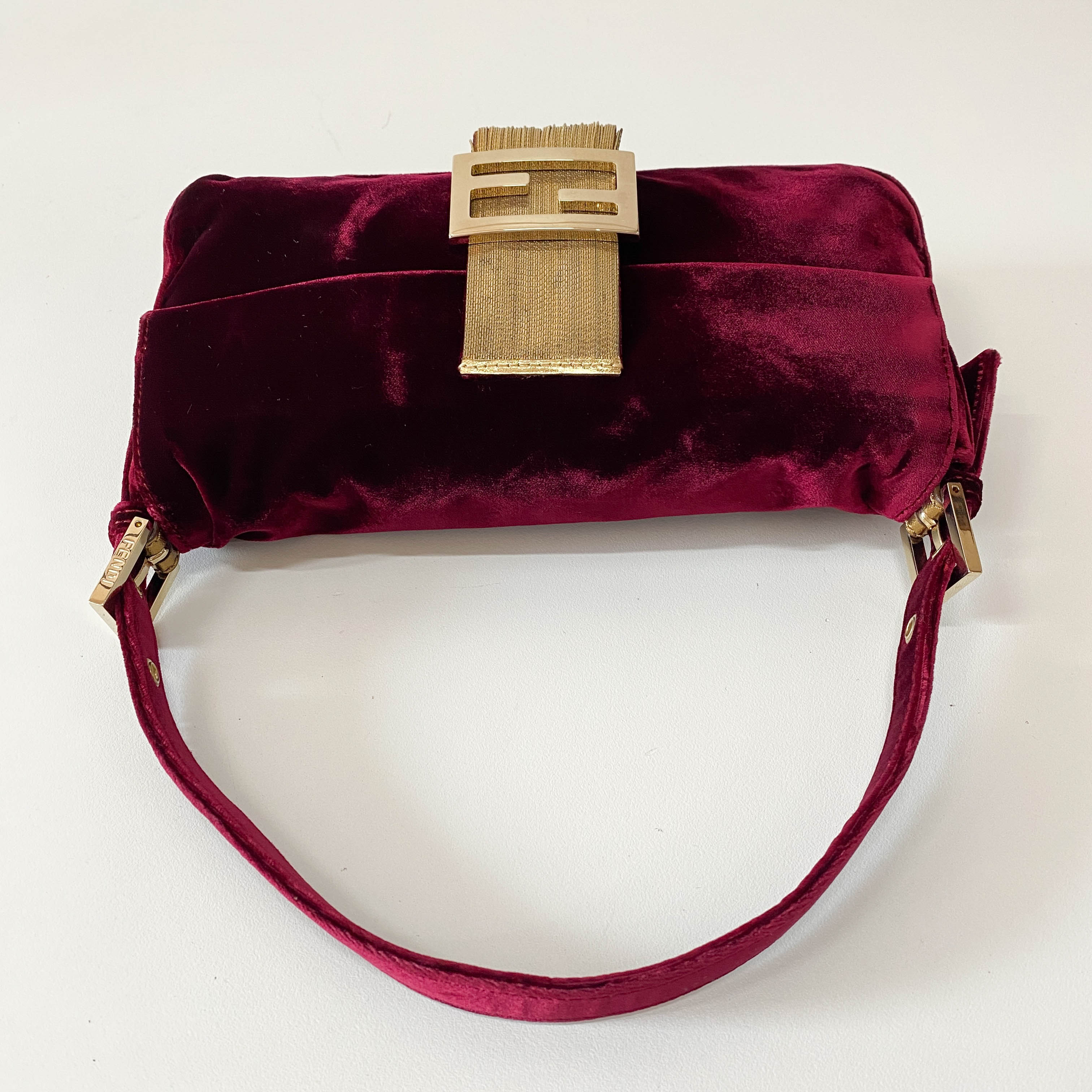 Limited Edition Baguette Burgundy Velvet Gold Fringe Shoulder Bag