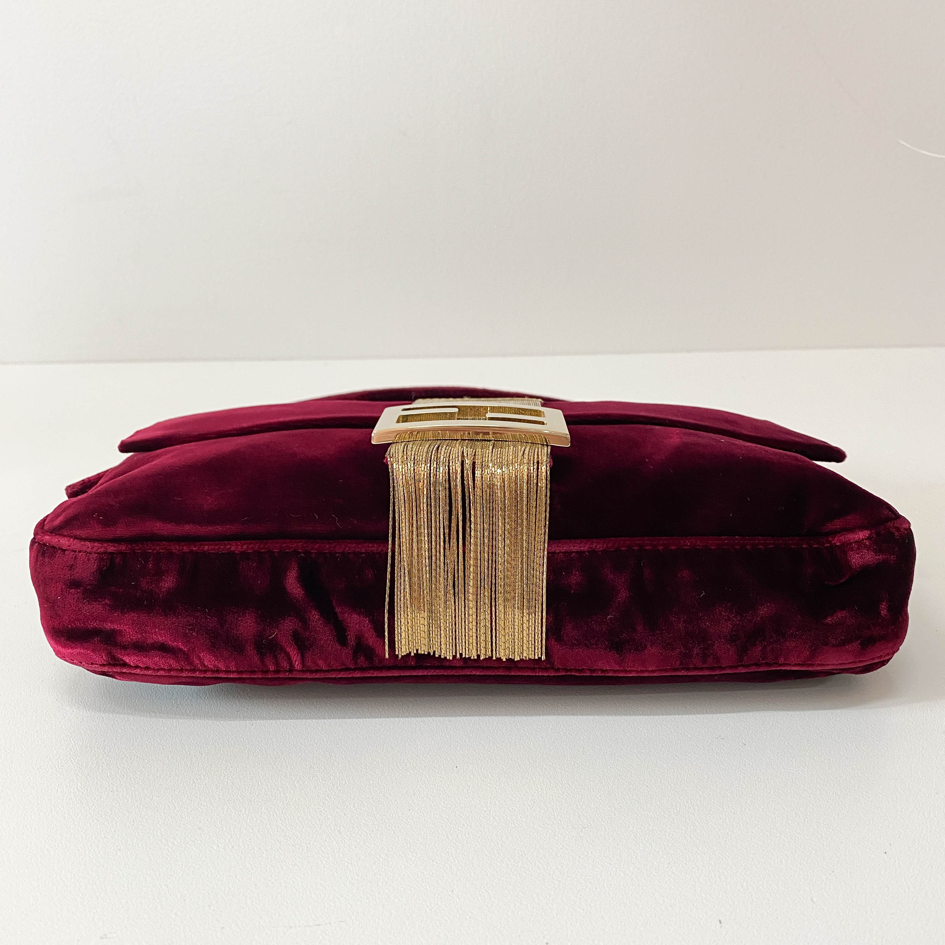 Limited Edition Baguette Burgundy Velvet Gold Fringe Shoulder Bag
