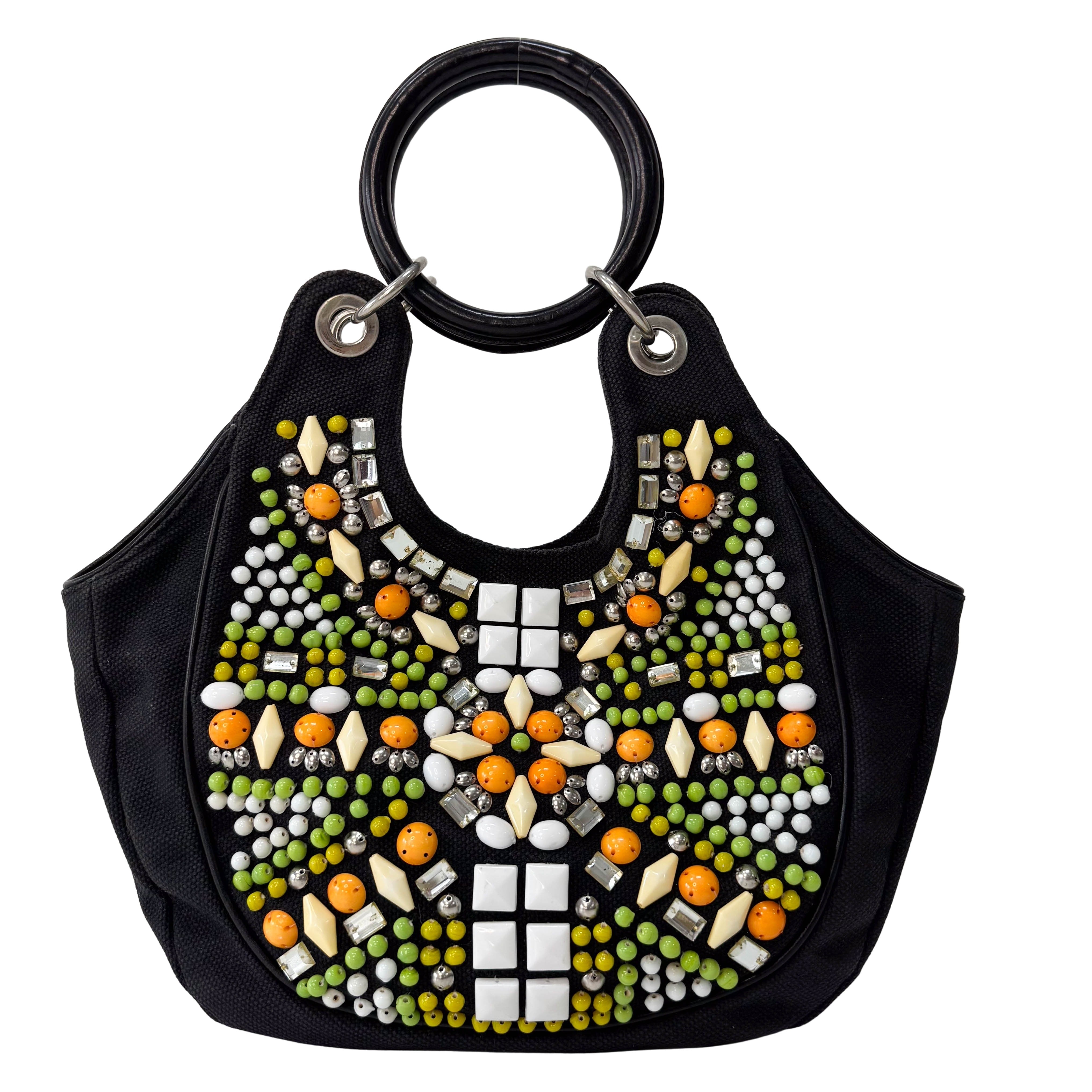 Archive Black denim Hobo Multicolor Beaded Double Round Handle Bag