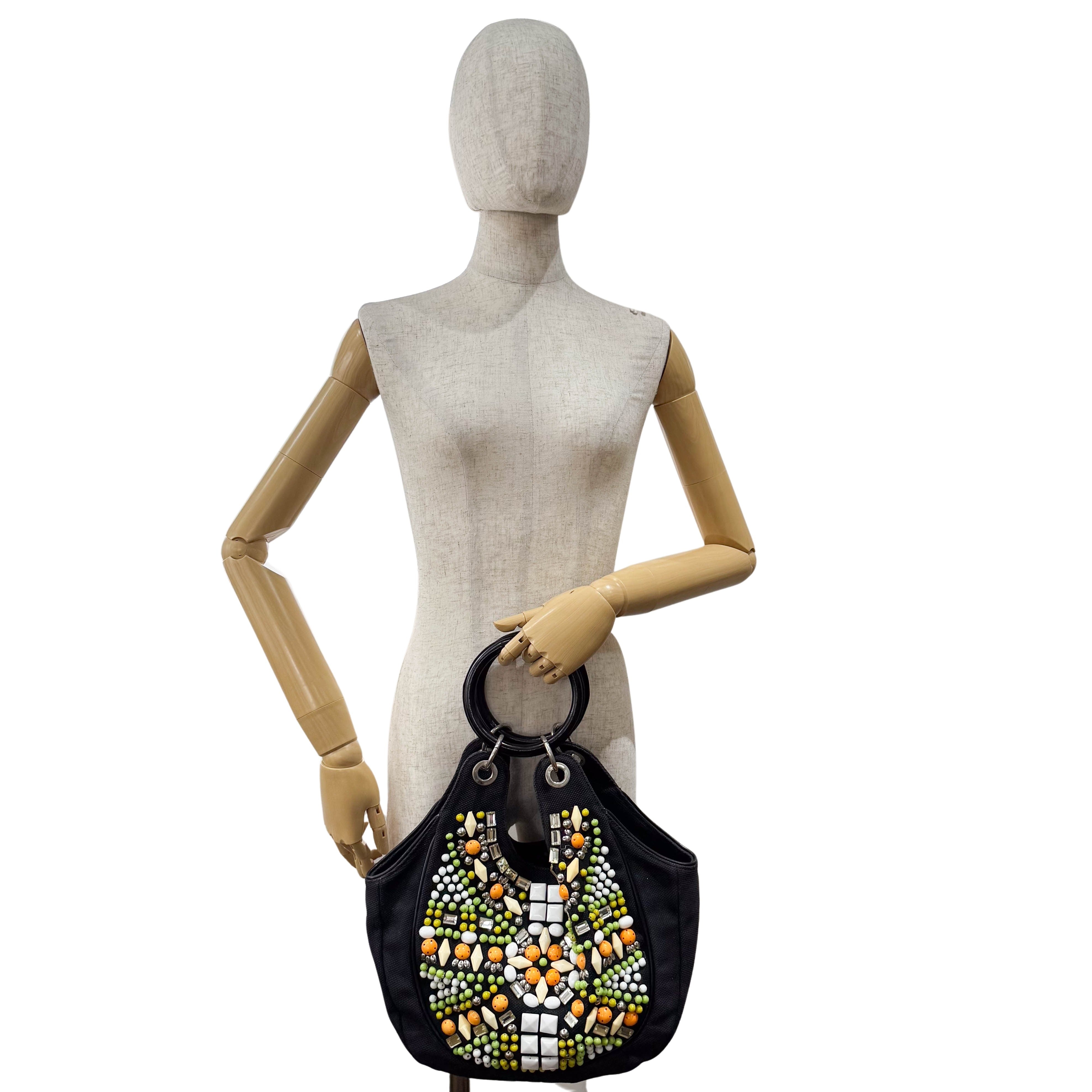 Archive Black denim Hobo Multicolor Beaded Double Round Handle Bag