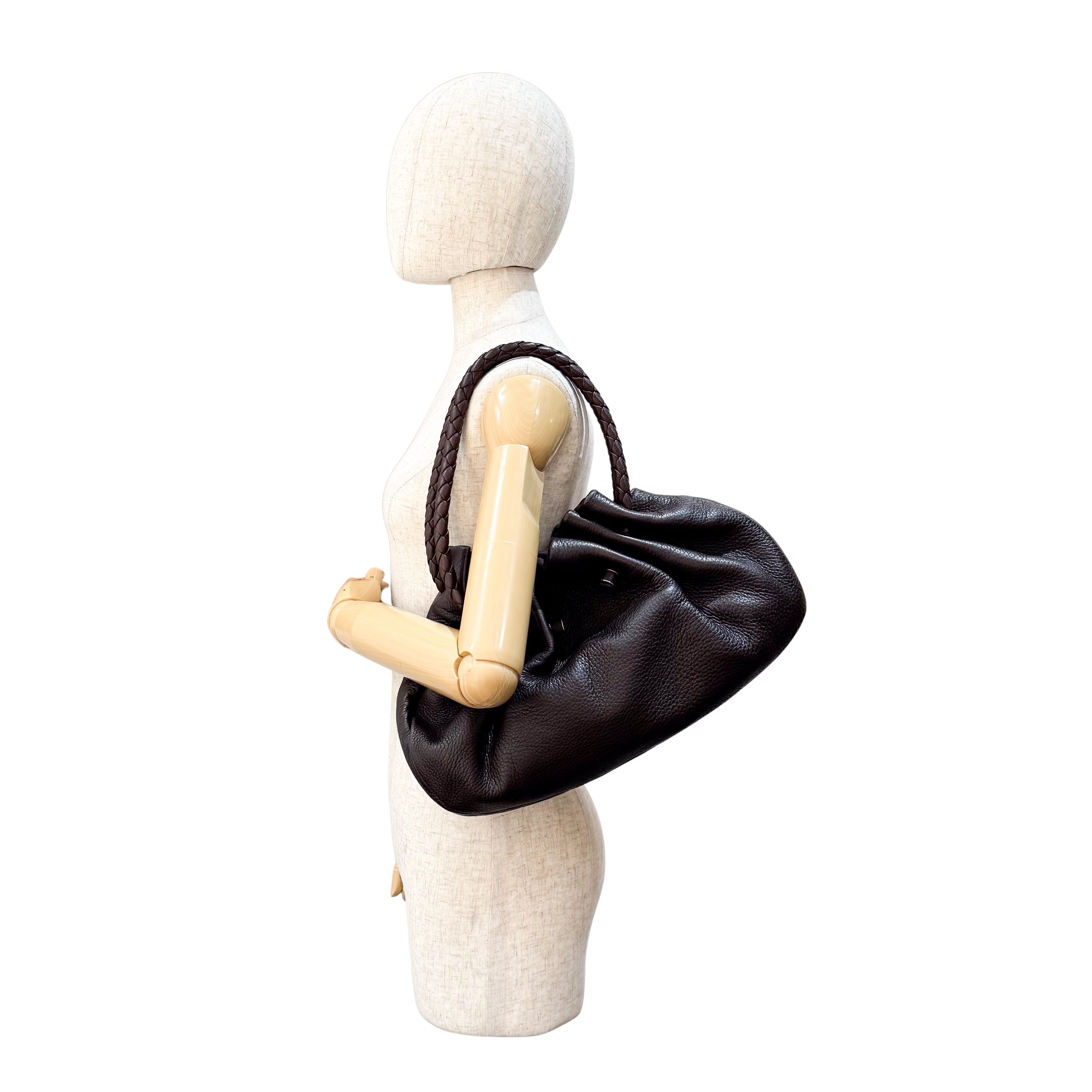 Intrecciato Brown Drawstring Leathe Shoulder Bag