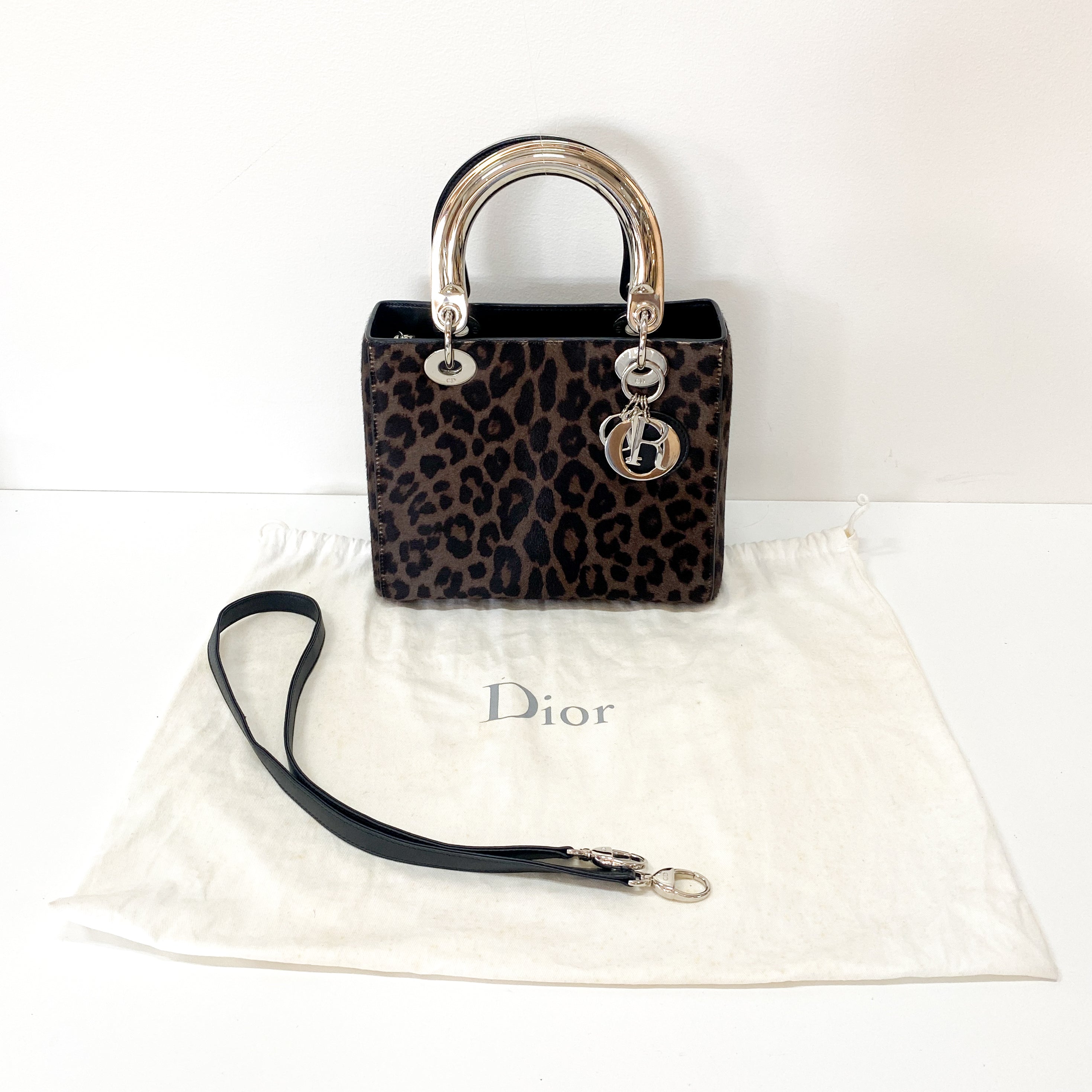 Lady Dior Black Leopard Print Pony Hair Two Way Bag