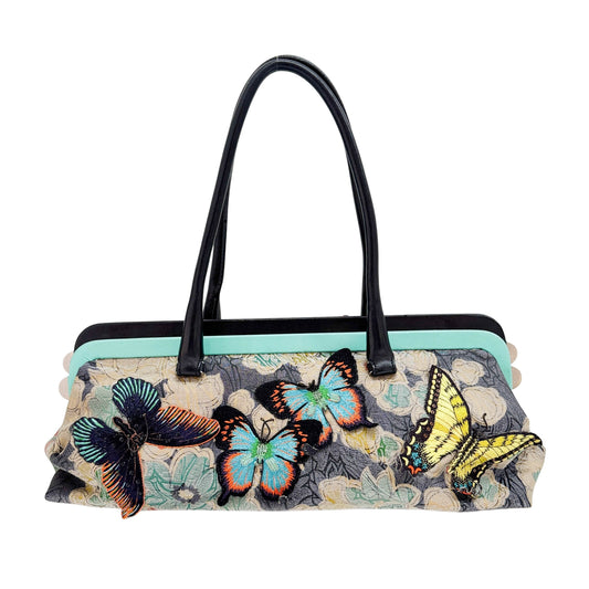 Wooden Frame with Embroidered Butterfly Applique Multicolor Floral Canvas Shoulder Bag