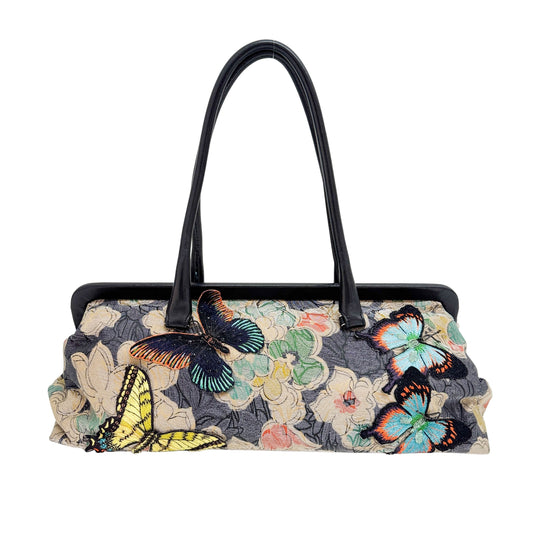 Wooden Frame with Embroidered Butterfly Applique Multicolor Floral Canvas Shoulder Bag
