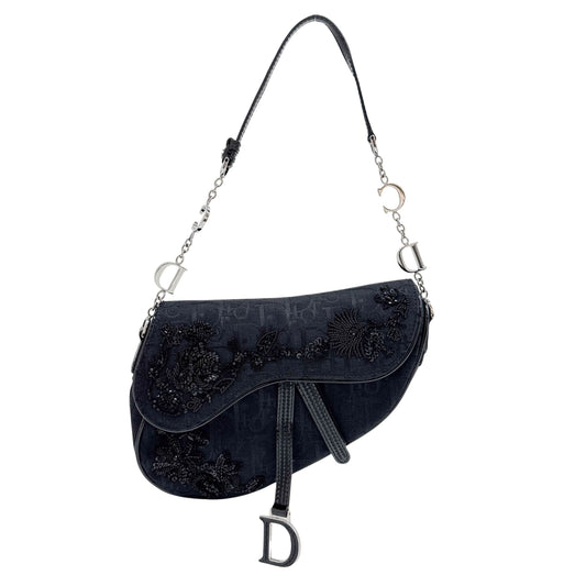 Mini Saddle Pearl Embroidery Black Trotter Canvas Shoulder Bag