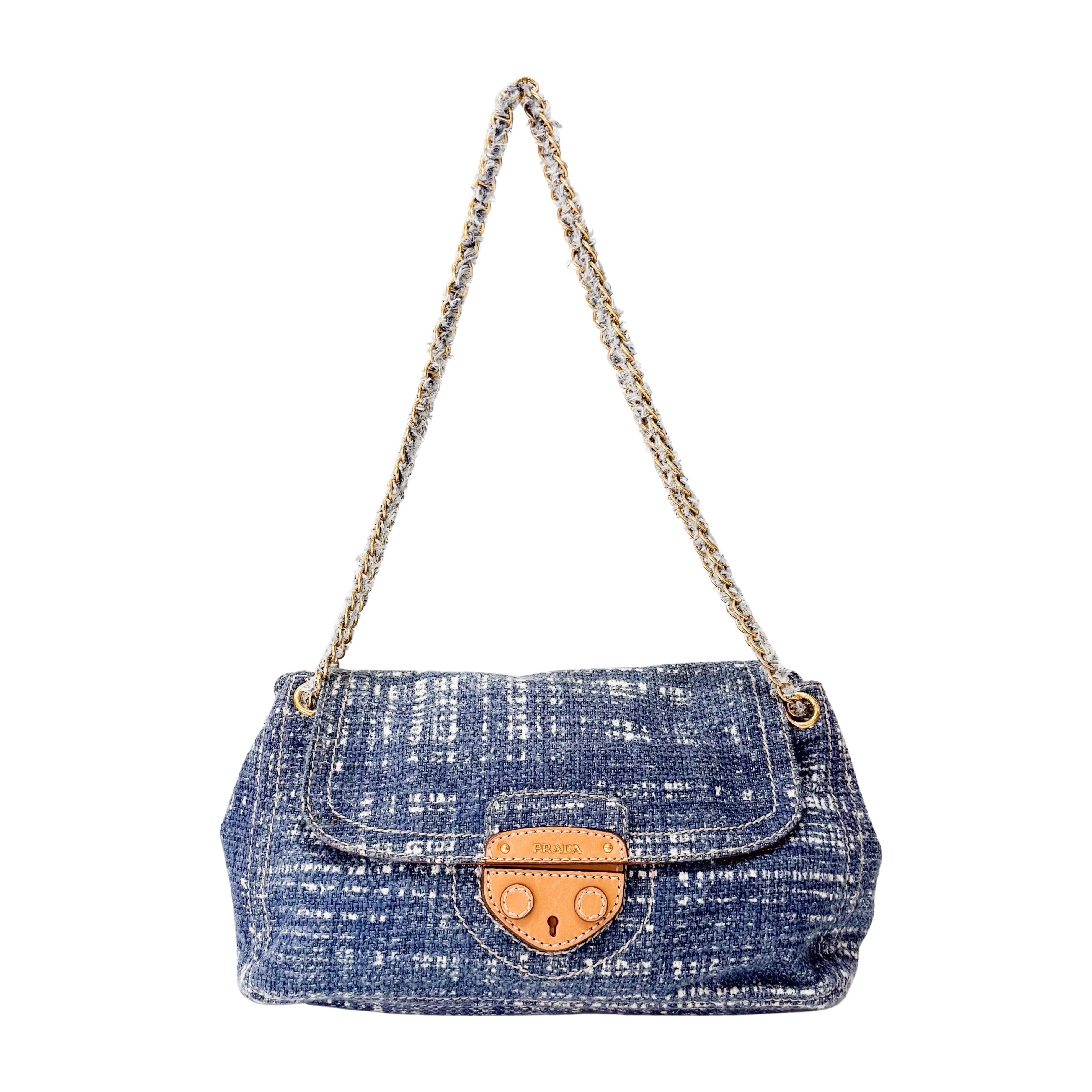 Blue Tweed Chain Shoulder Bag