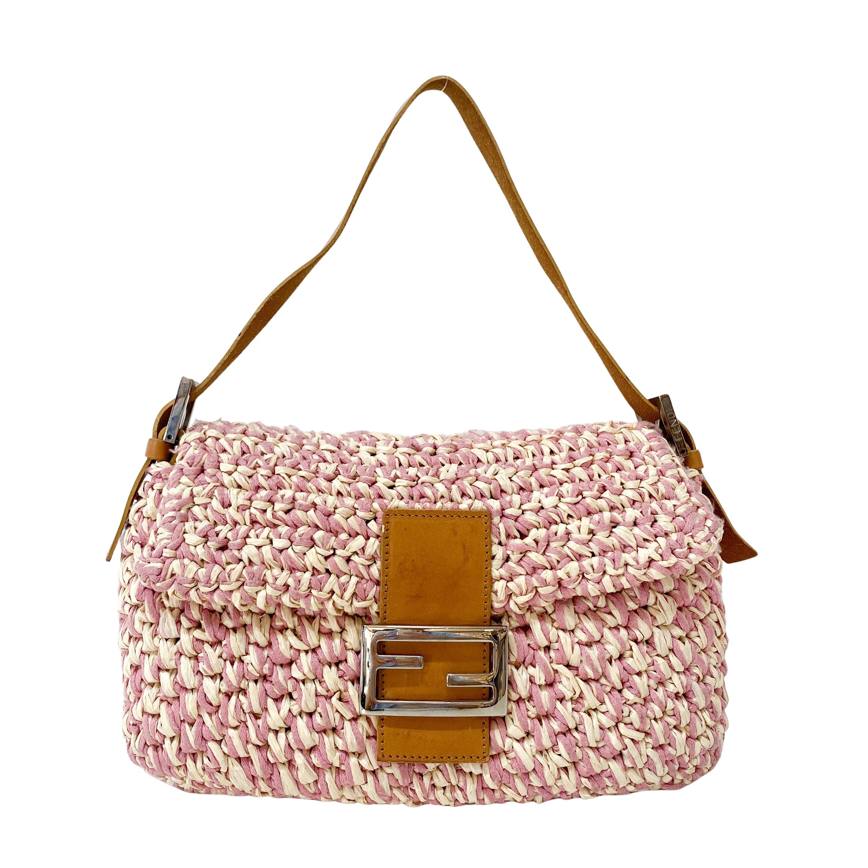 Baguette Pink Woven Cotton & Raffia Shoulder Bag