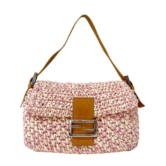 Baguette Pink Woven Cotton & Raffia Shoulder Bag