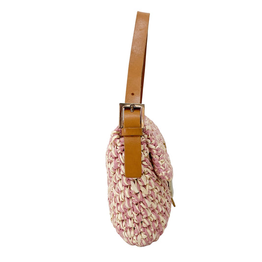 Baguette Pink Woven Cotton & Raffia Shoulder Bag