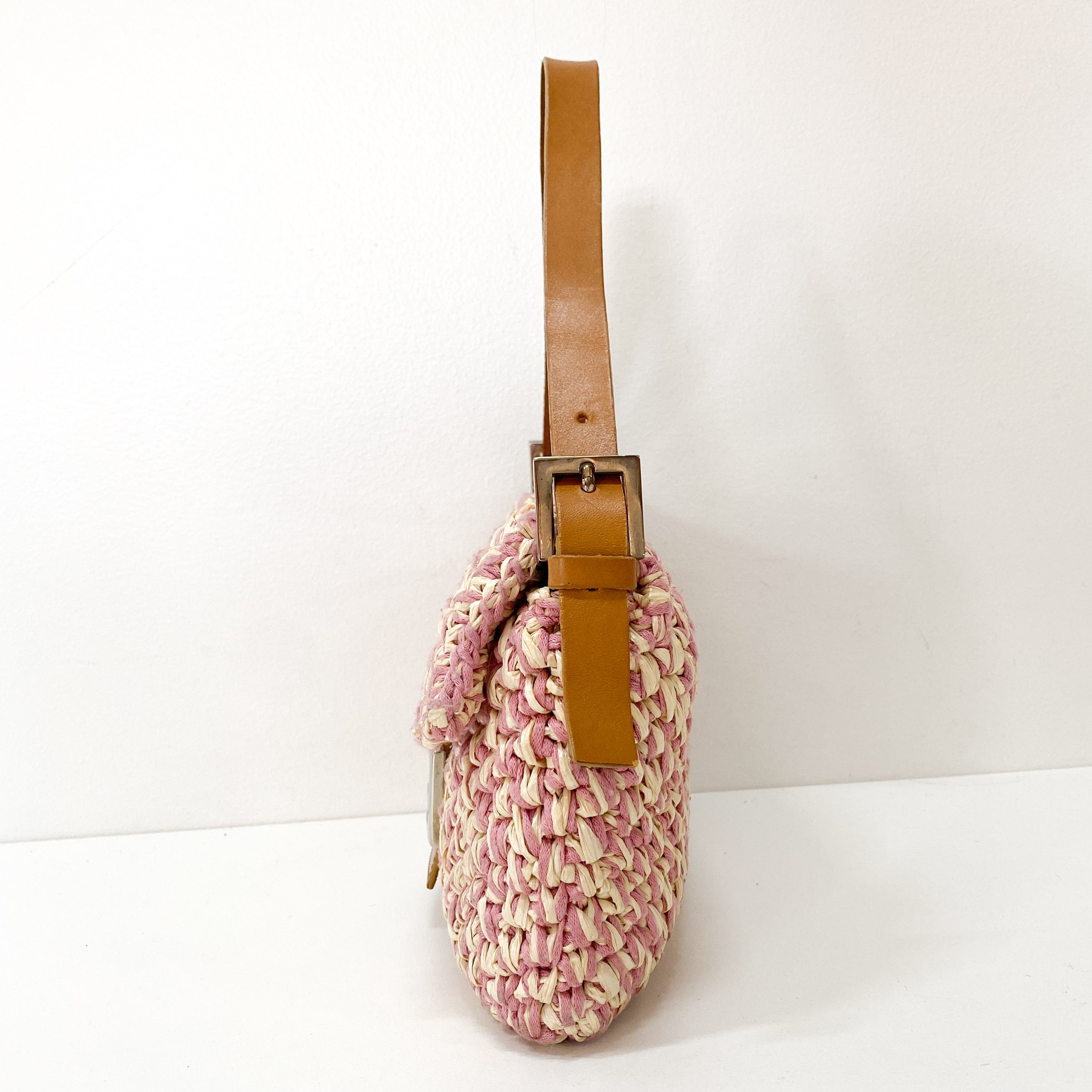 Baguette Pink Woven Cotton & Raffia Shoulder Bag