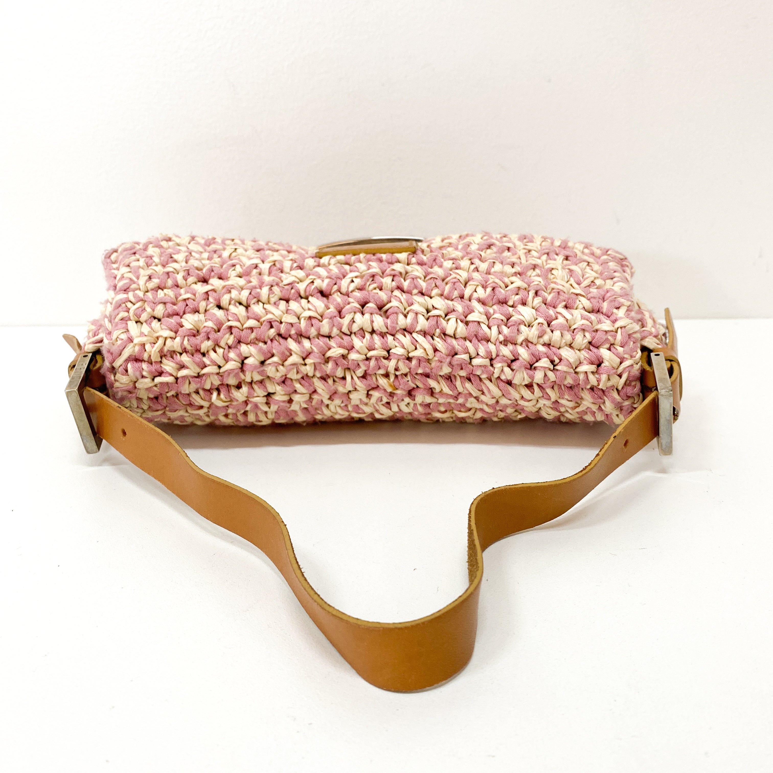 Baguette Pink Woven Cotton & Raffia Shoulder Bag