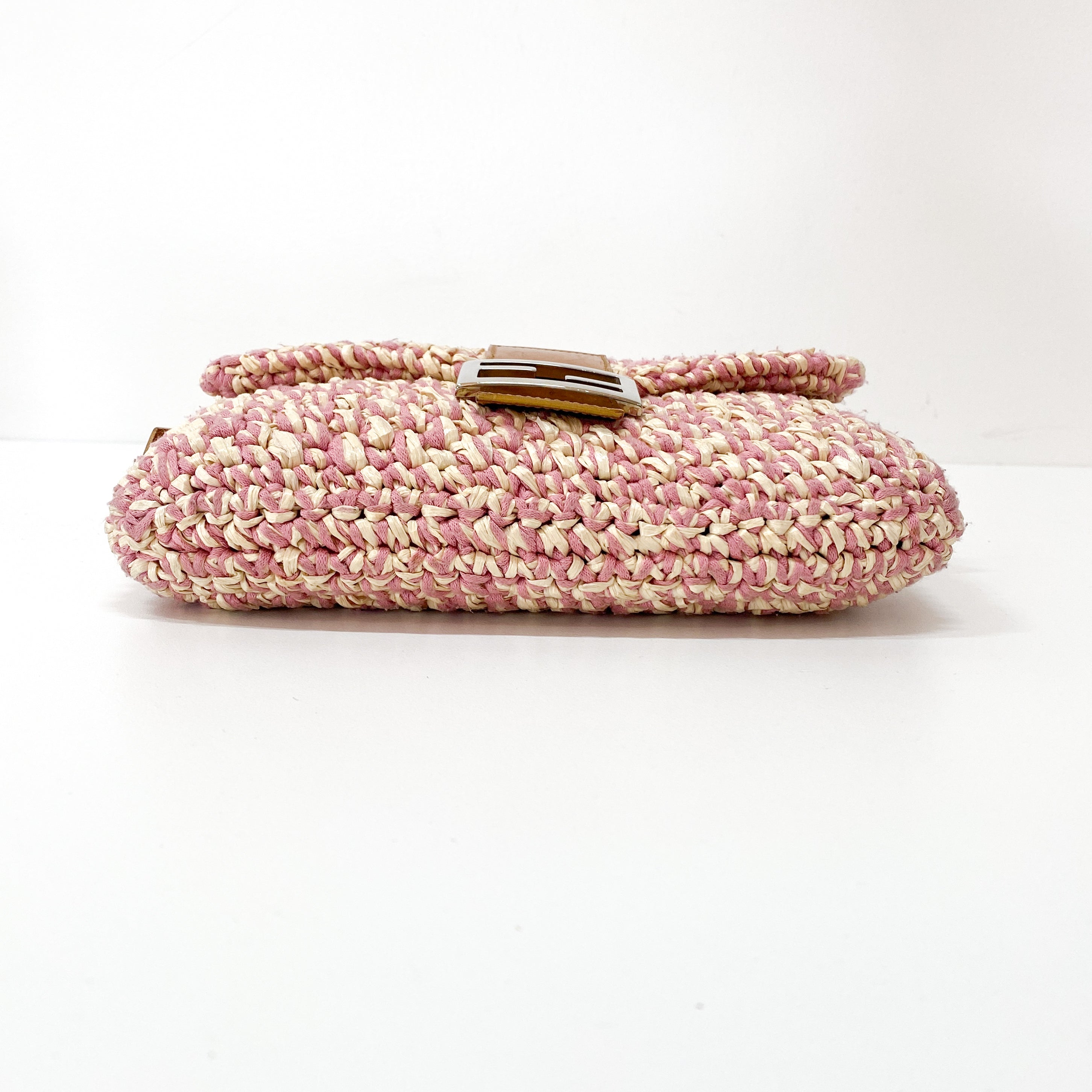 Baguette Pink Woven Cotton & Raffia Shoulder Bag