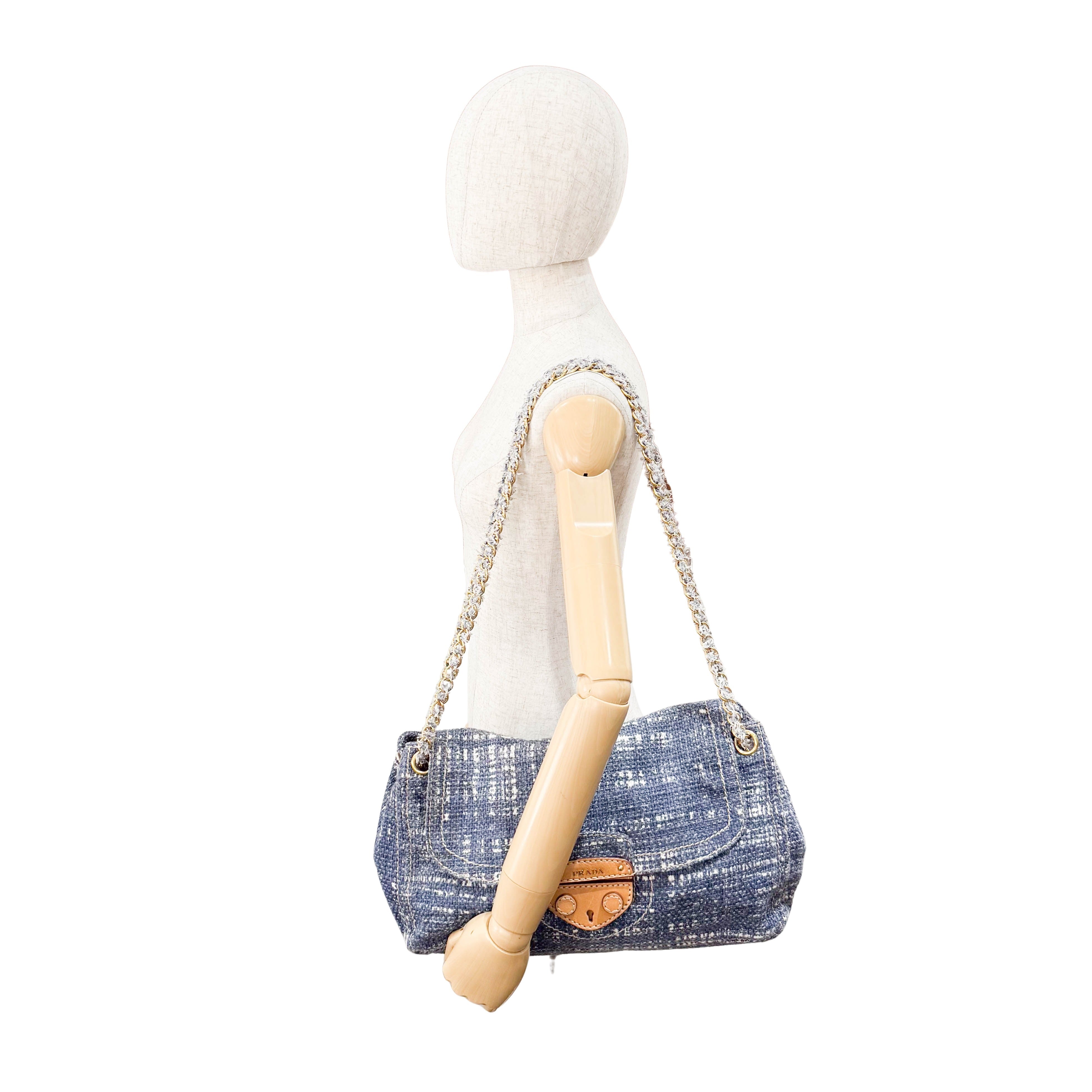 Blue Tweed Chain Shoulder Bag