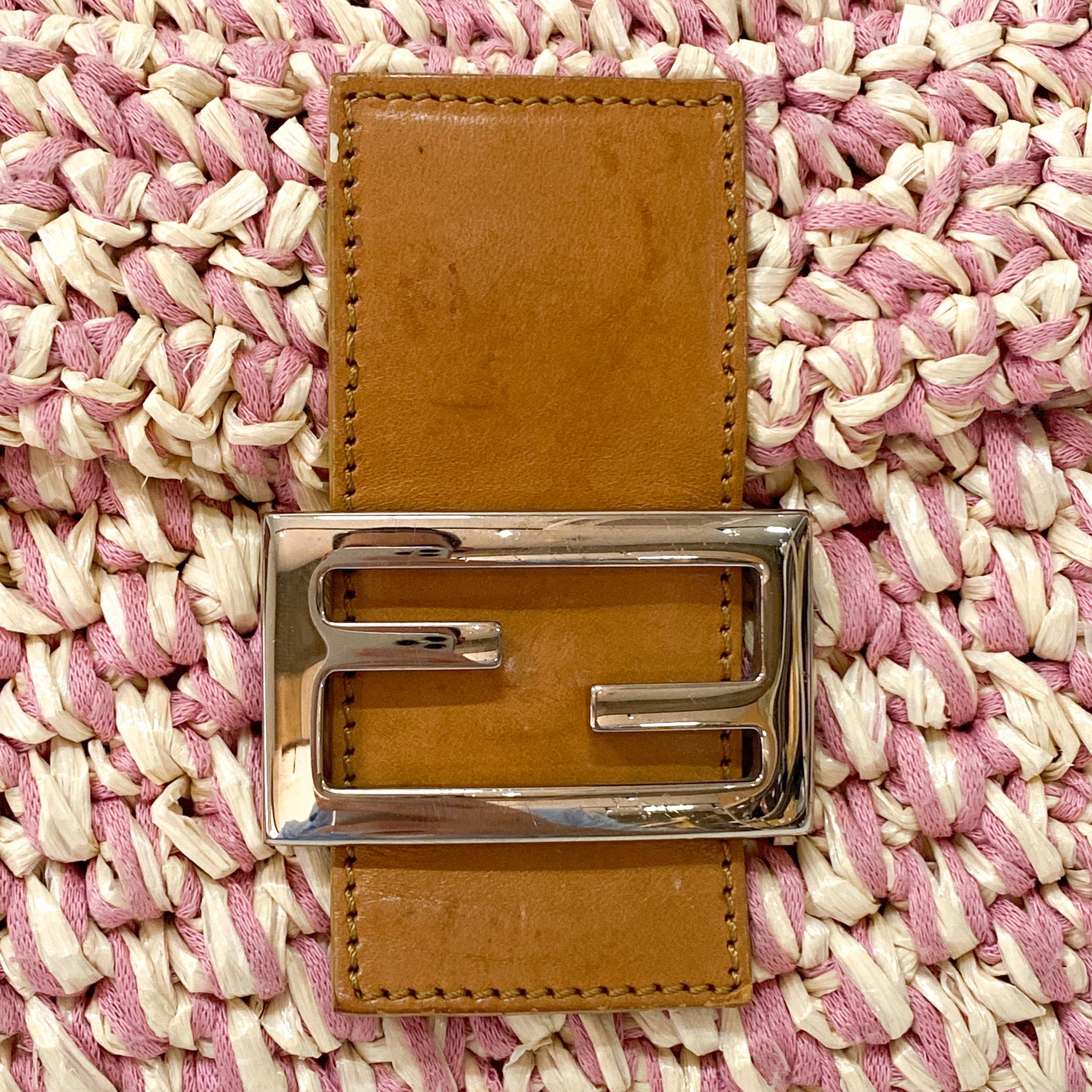 Baguette Pink Woven Cotton & Raffia Shoulder Bag