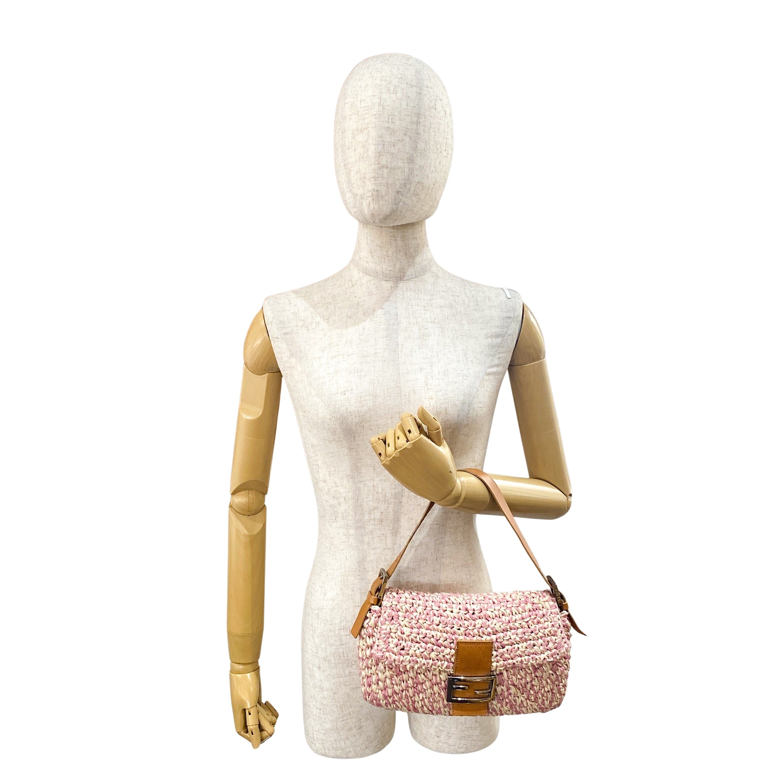 Baguette Pink Woven Cotton & Raffia Shoulder Bag