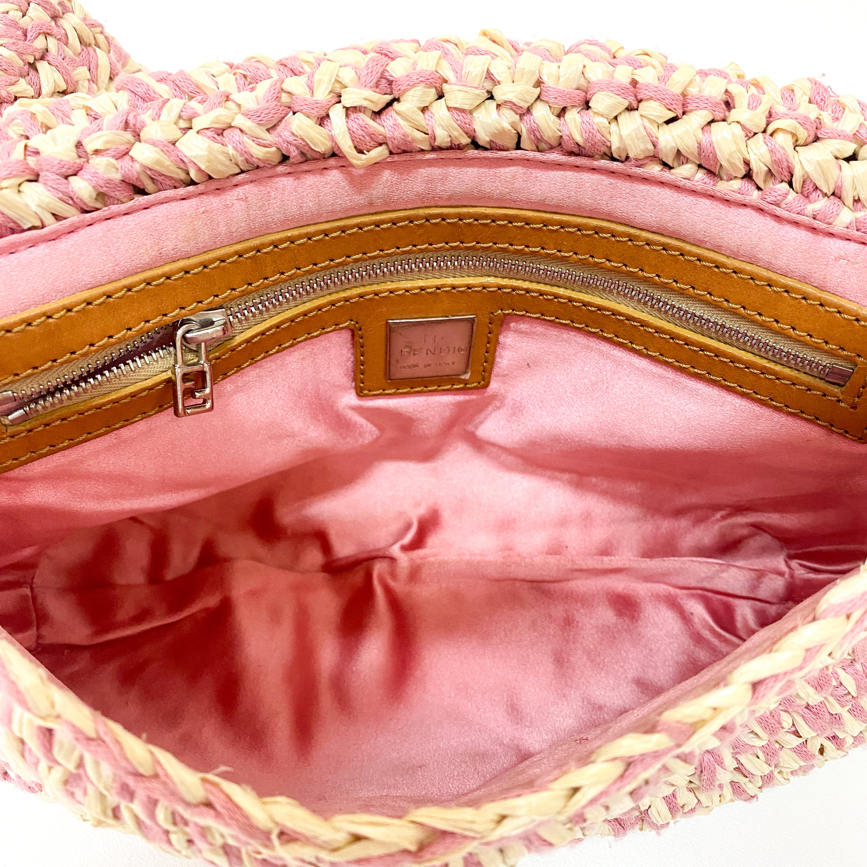 Baguette Pink Woven Cotton & Raffia Shoulder Bag