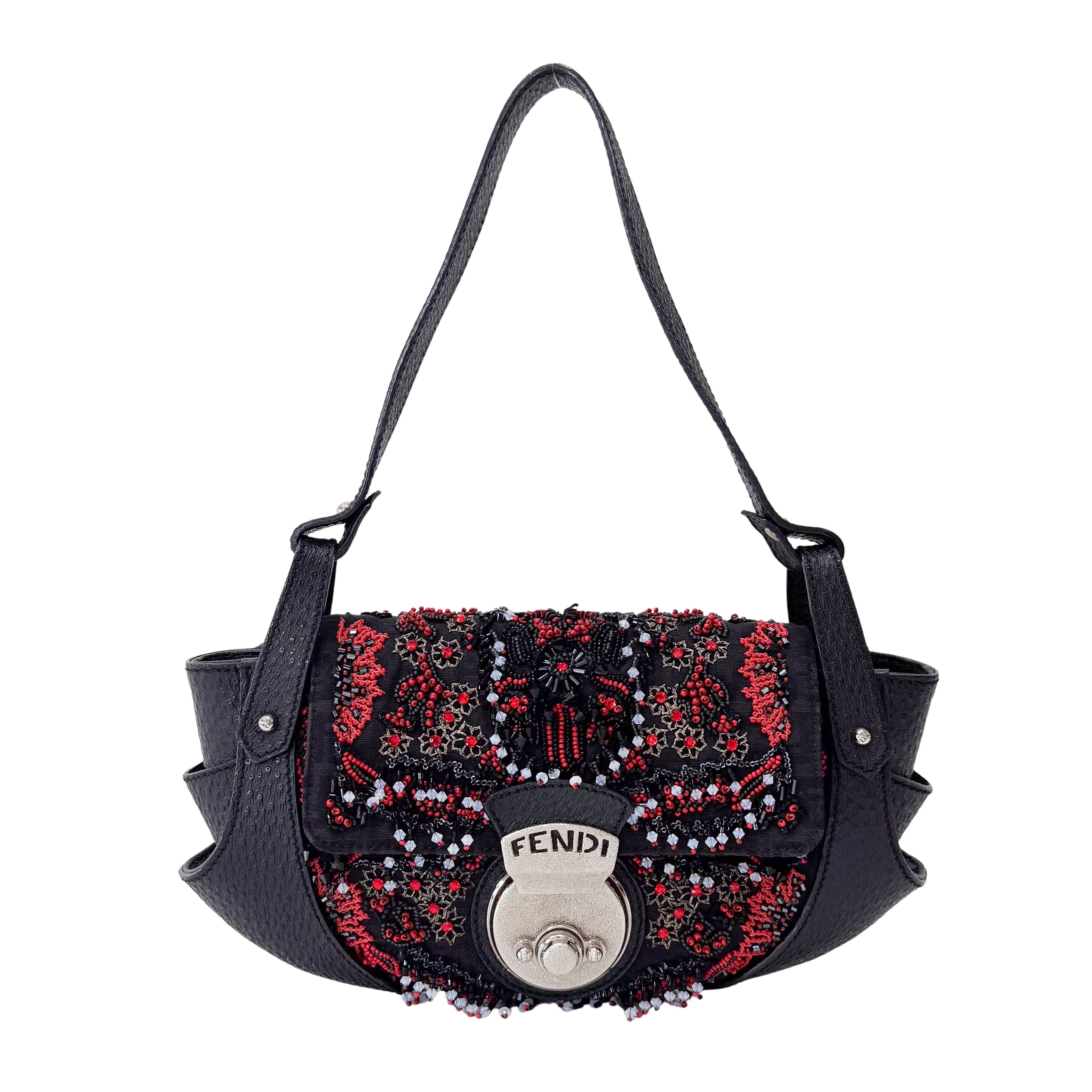 Black Leather Embroidered Beaded Bag