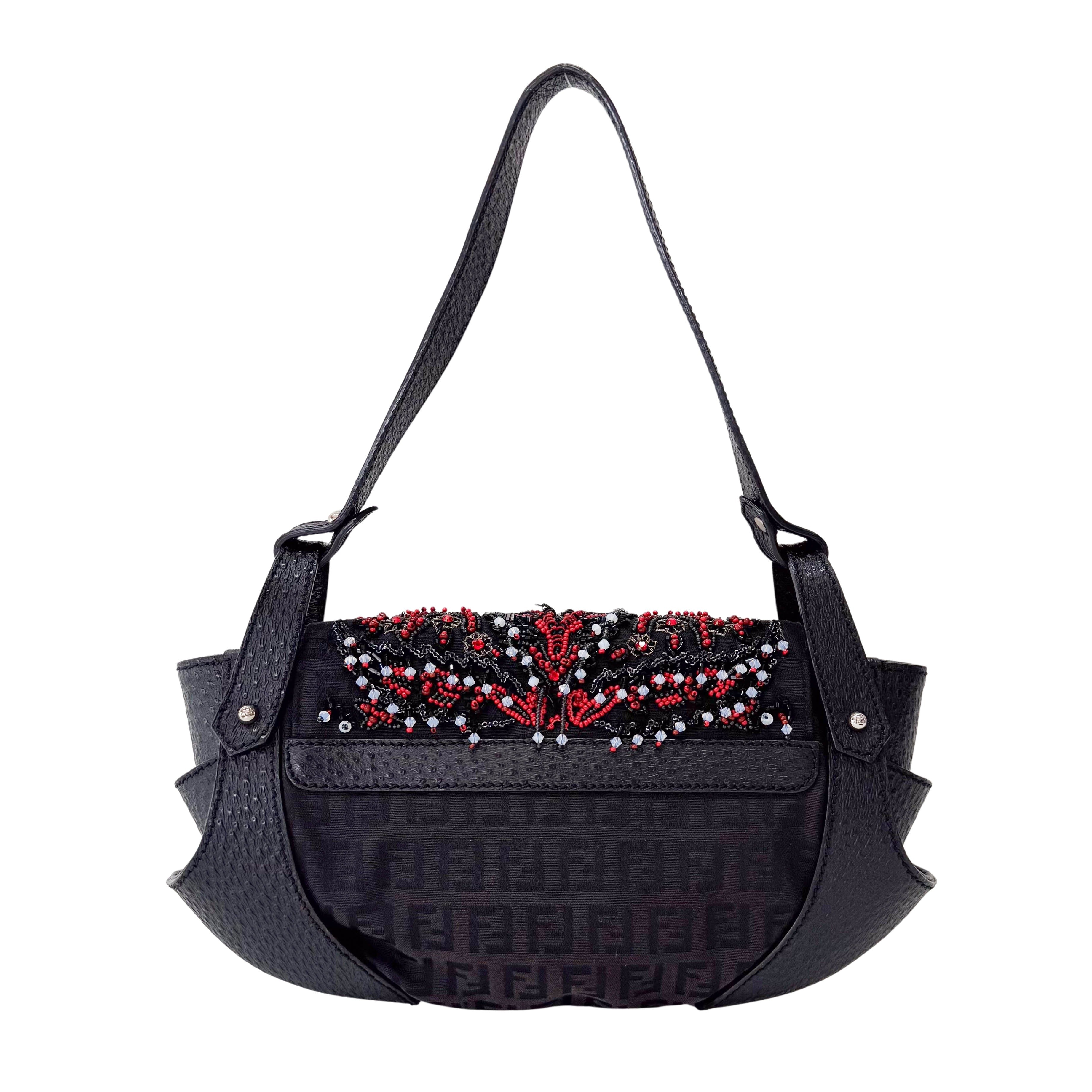 Black Leather Embroidered Beaded Bag