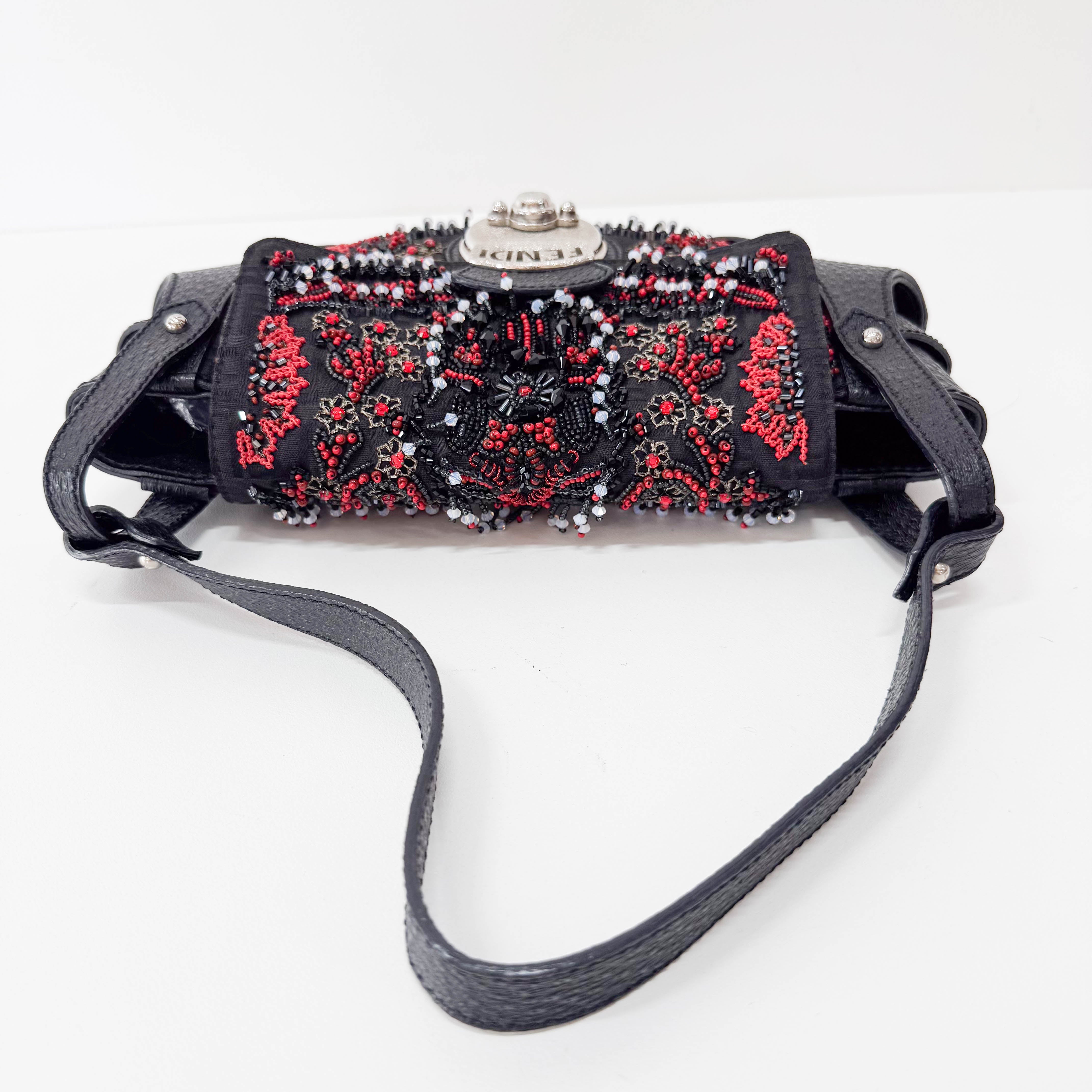 Black Leather Embroidered Beaded Bag