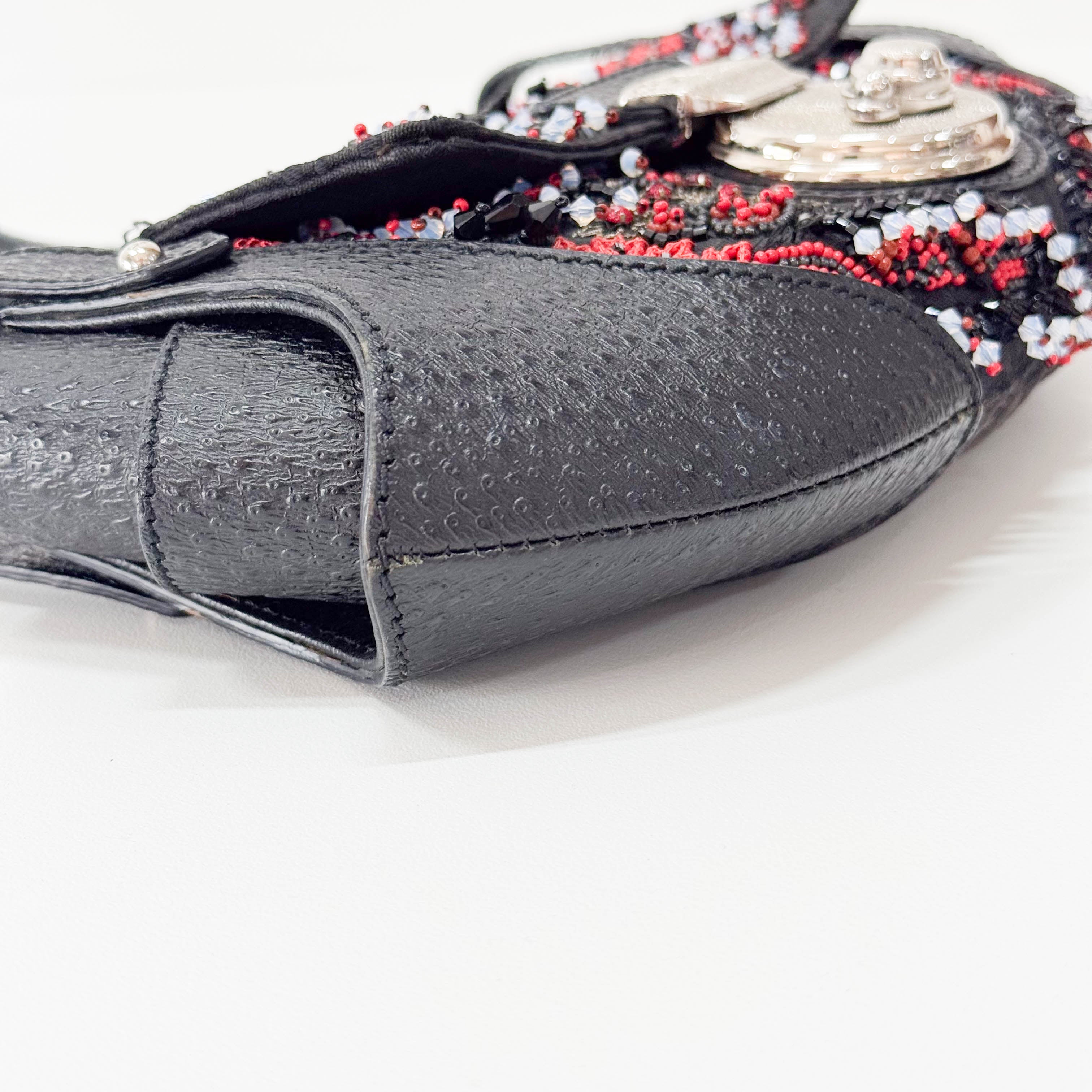 Black Leather Embroidered Beaded Bag