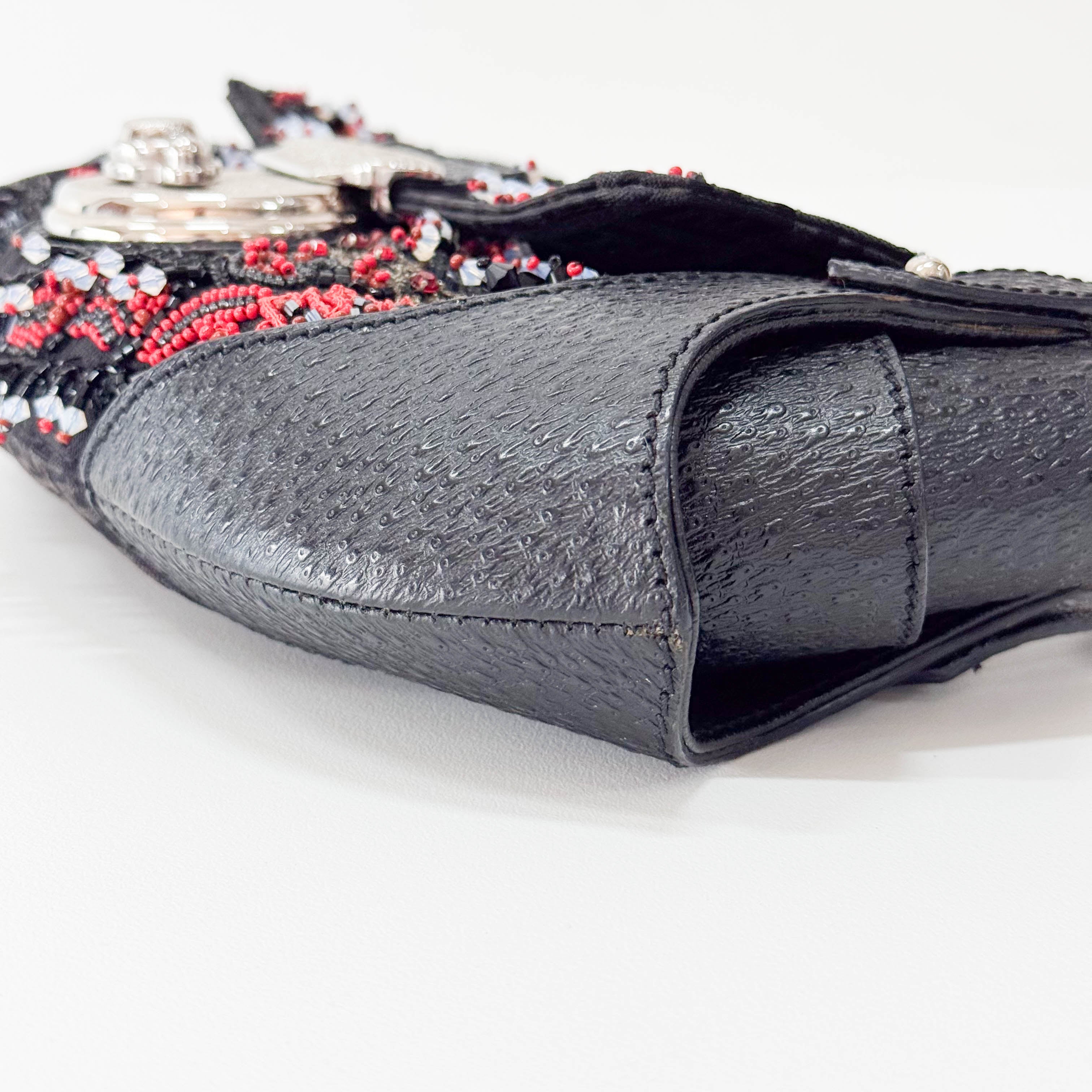 Black Leather Embroidered Beaded Bag