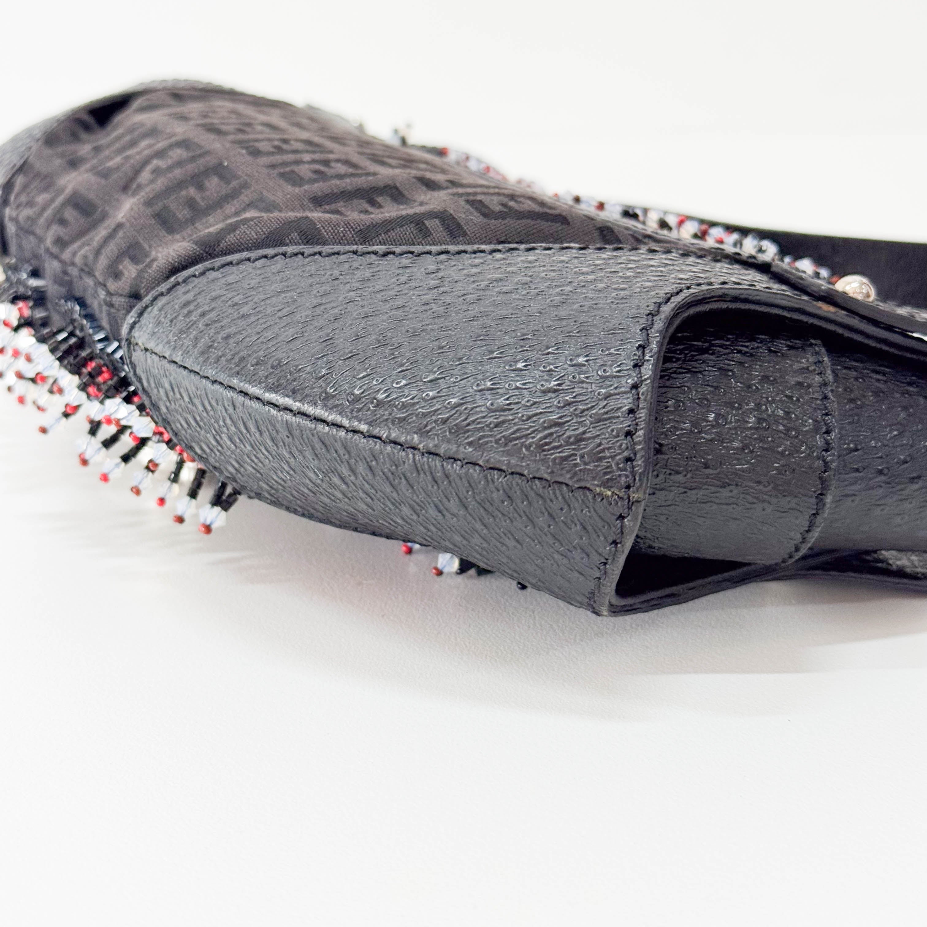 Black Leather Embroidered Beaded Bag