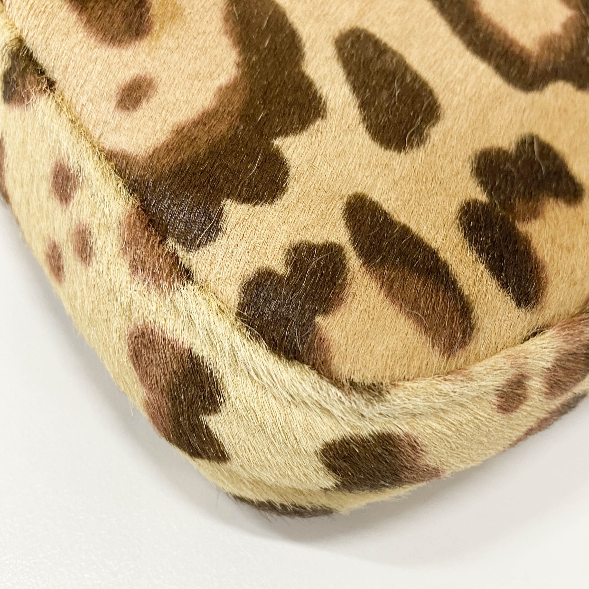 Leopard Print Pony Hair & Brown Leather Buckle Baguette Shoulder Bag