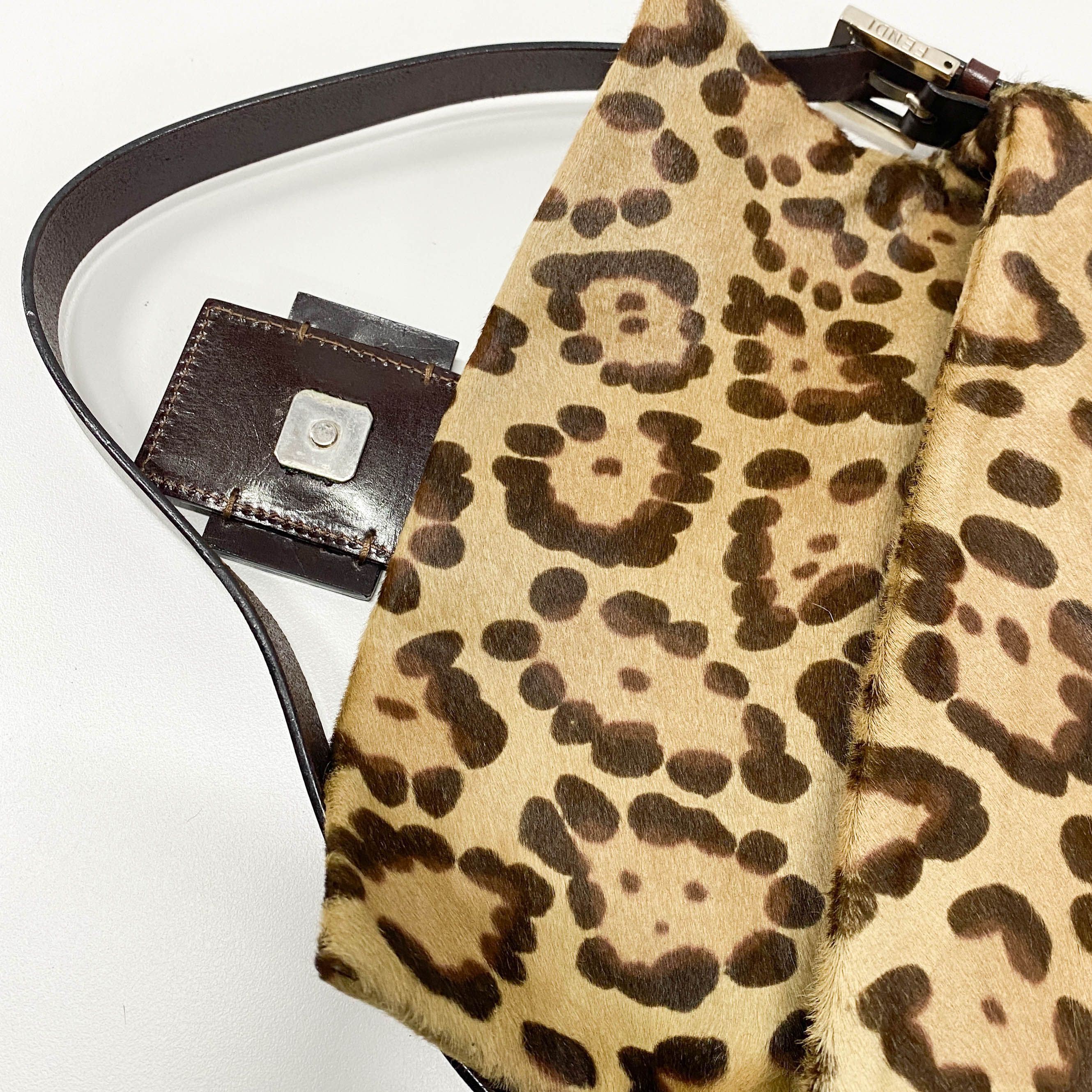 Leopard Print Pony Hair & Brown Leather Buckle Baguette Shoulder Bag