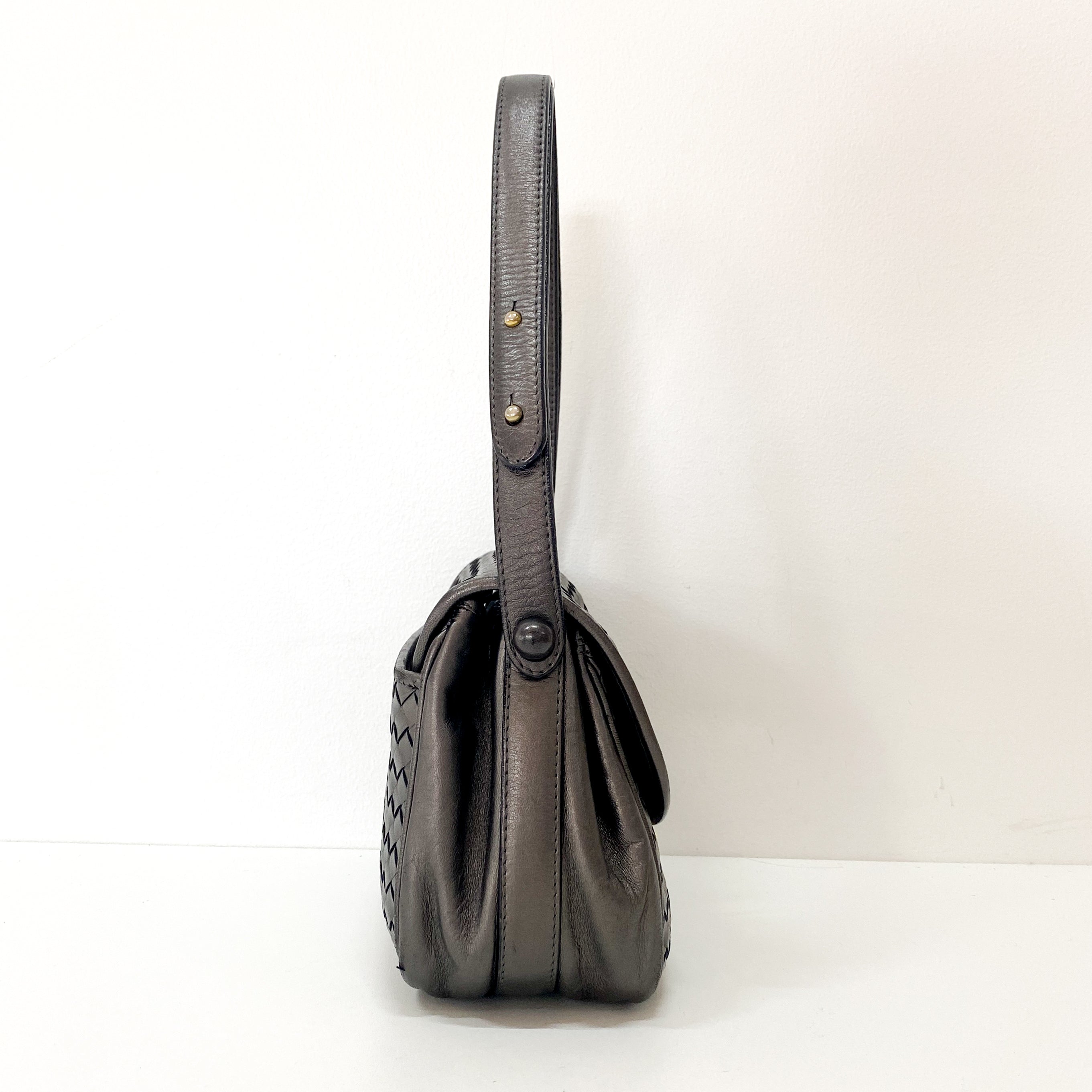Intrecciato Silver Leather Shoulder Bag