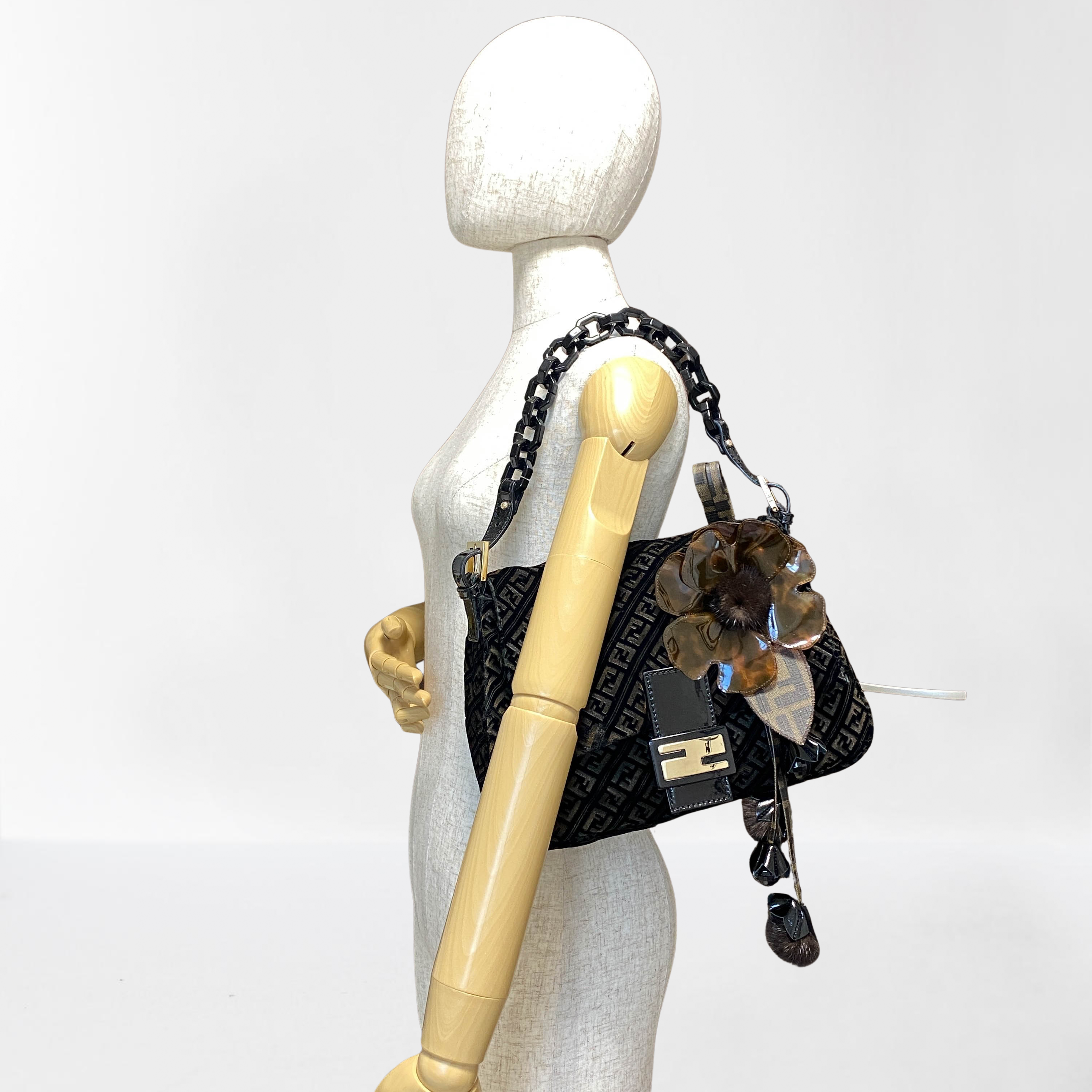 Mamma Baguette Black Velvet Shoulder Bag with Floral Corsage