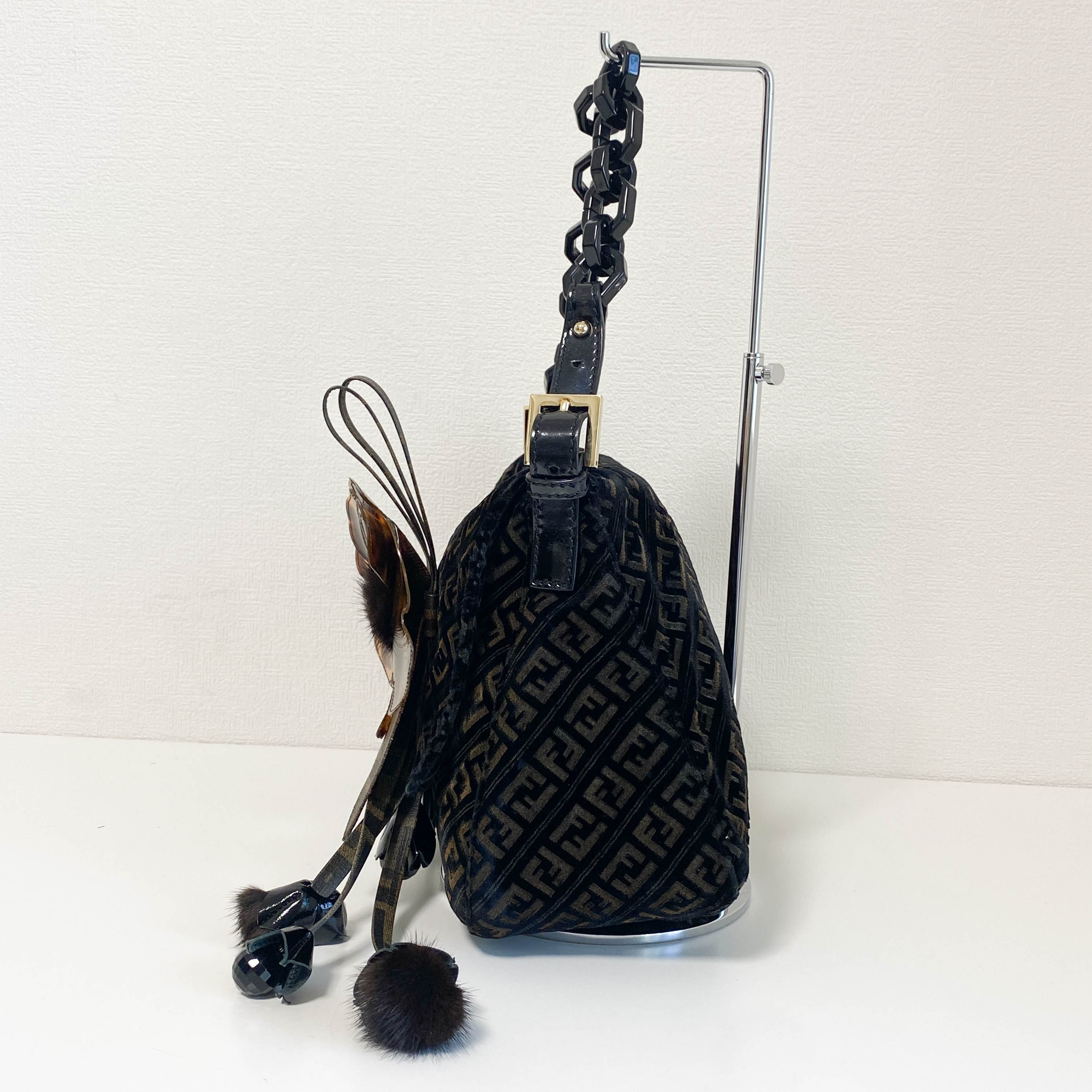 Mamma Baguette Black Velvet Shoulder Bag with Floral Corsage