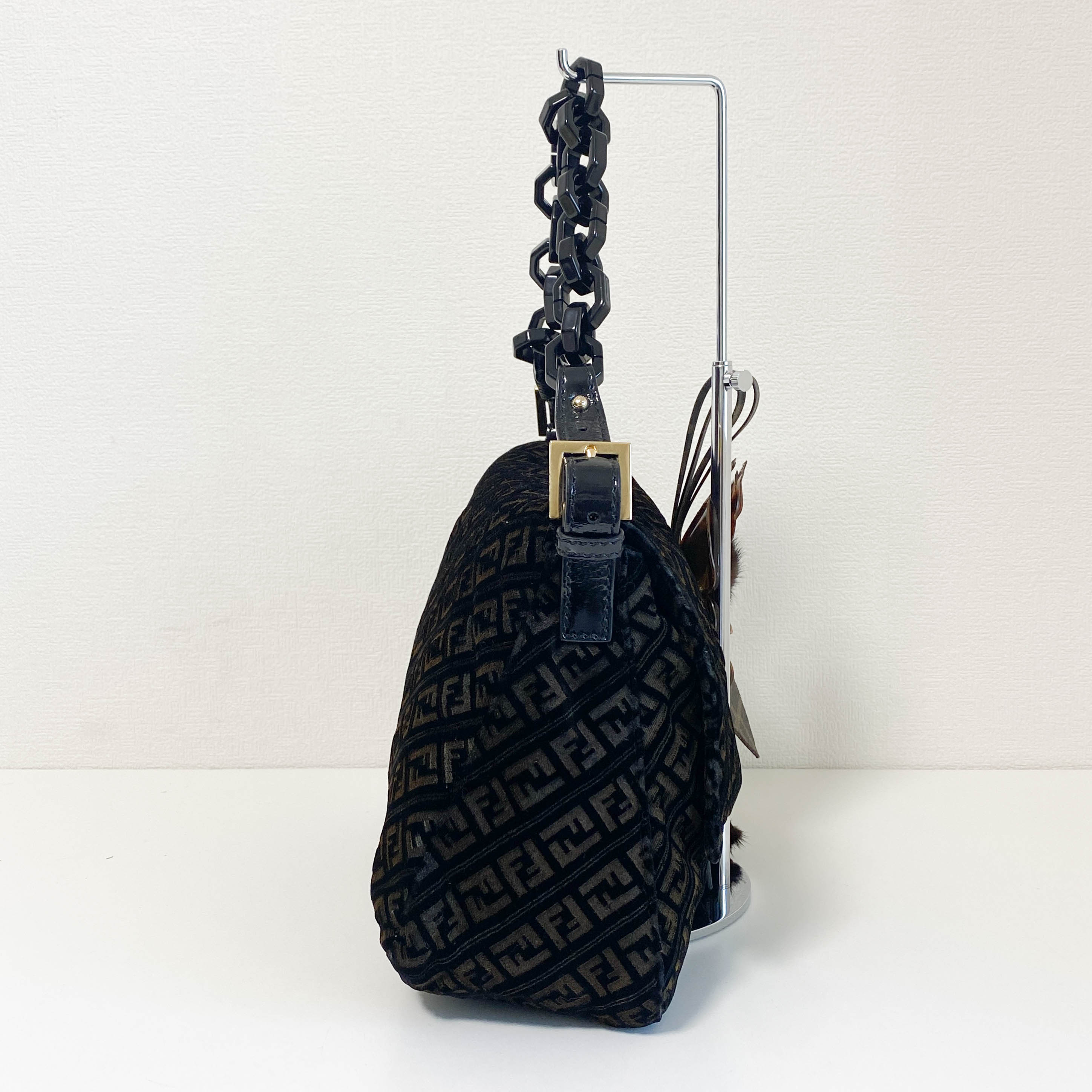 Mamma Baguette Black Velvet Shoulder Bag with Floral Corsage