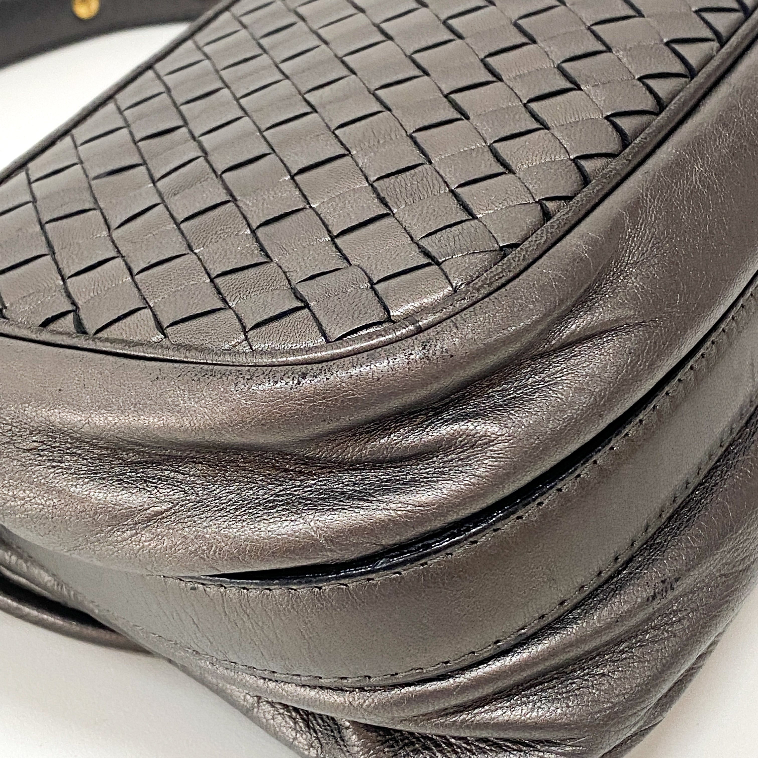 Intrecciato Silver Leather Shoulder Bag