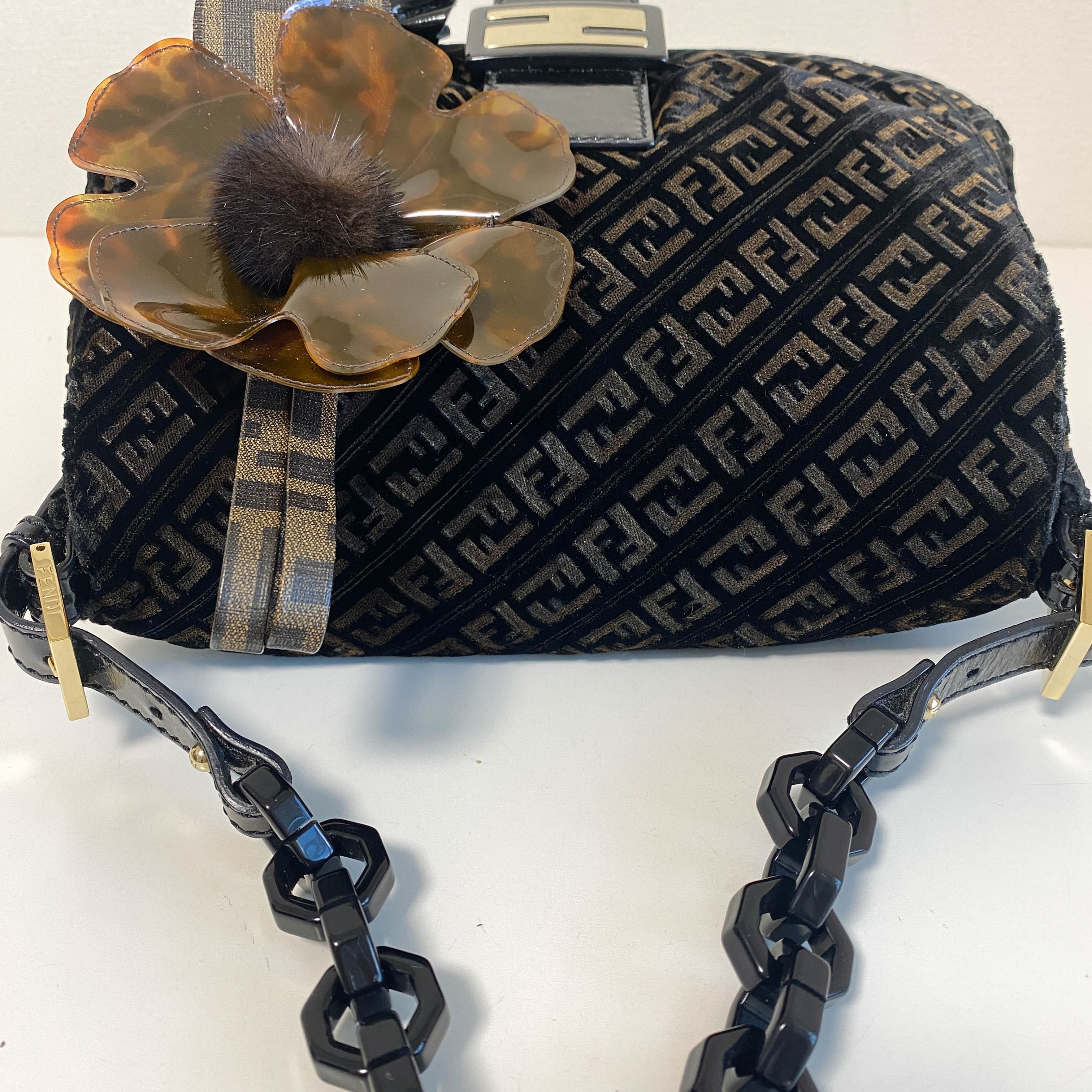 Mamma Baguette Black Velvet Shoulder Bag with Floral Corsage