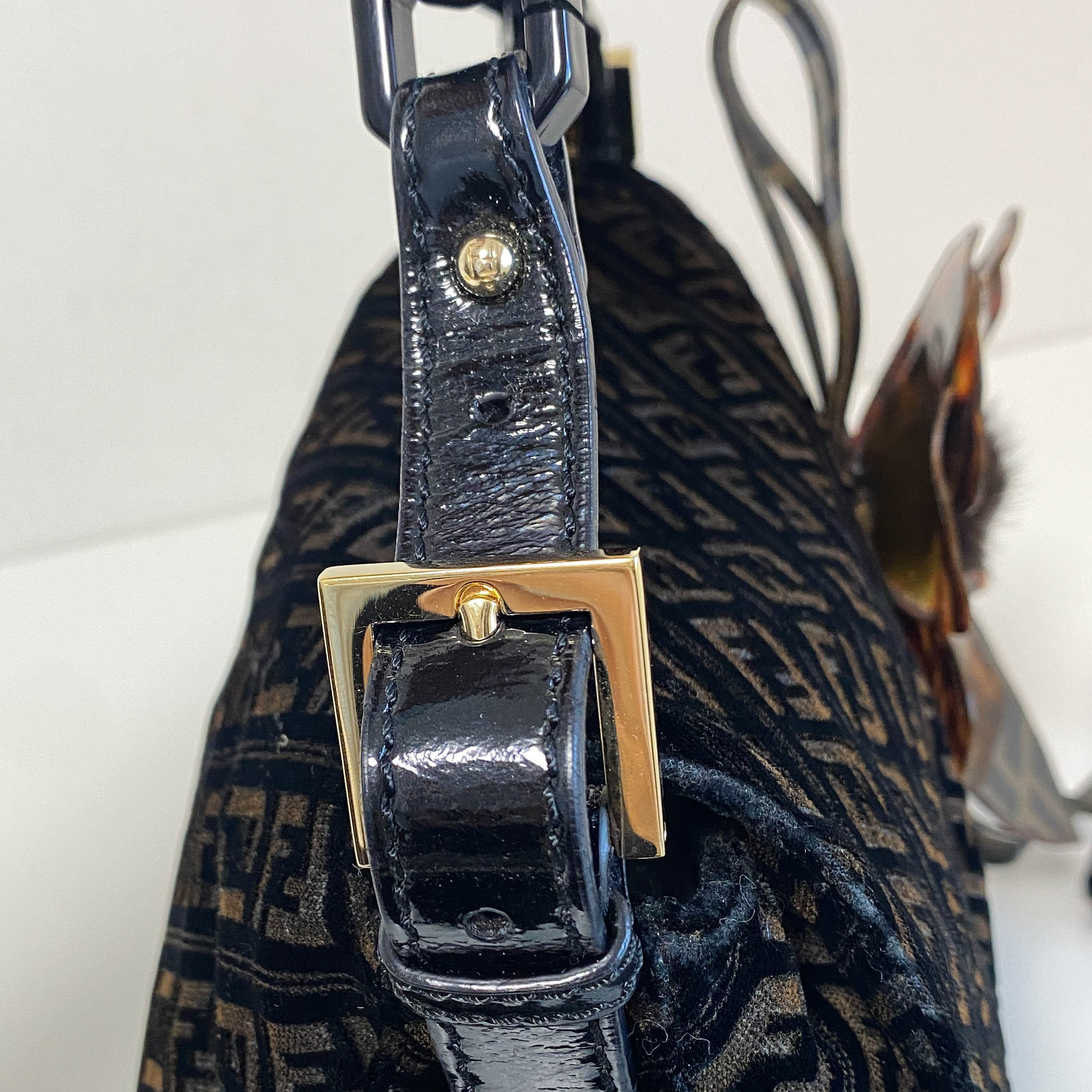 Mamma Baguette Black Velvet Shoulder Bag with Floral Corsage