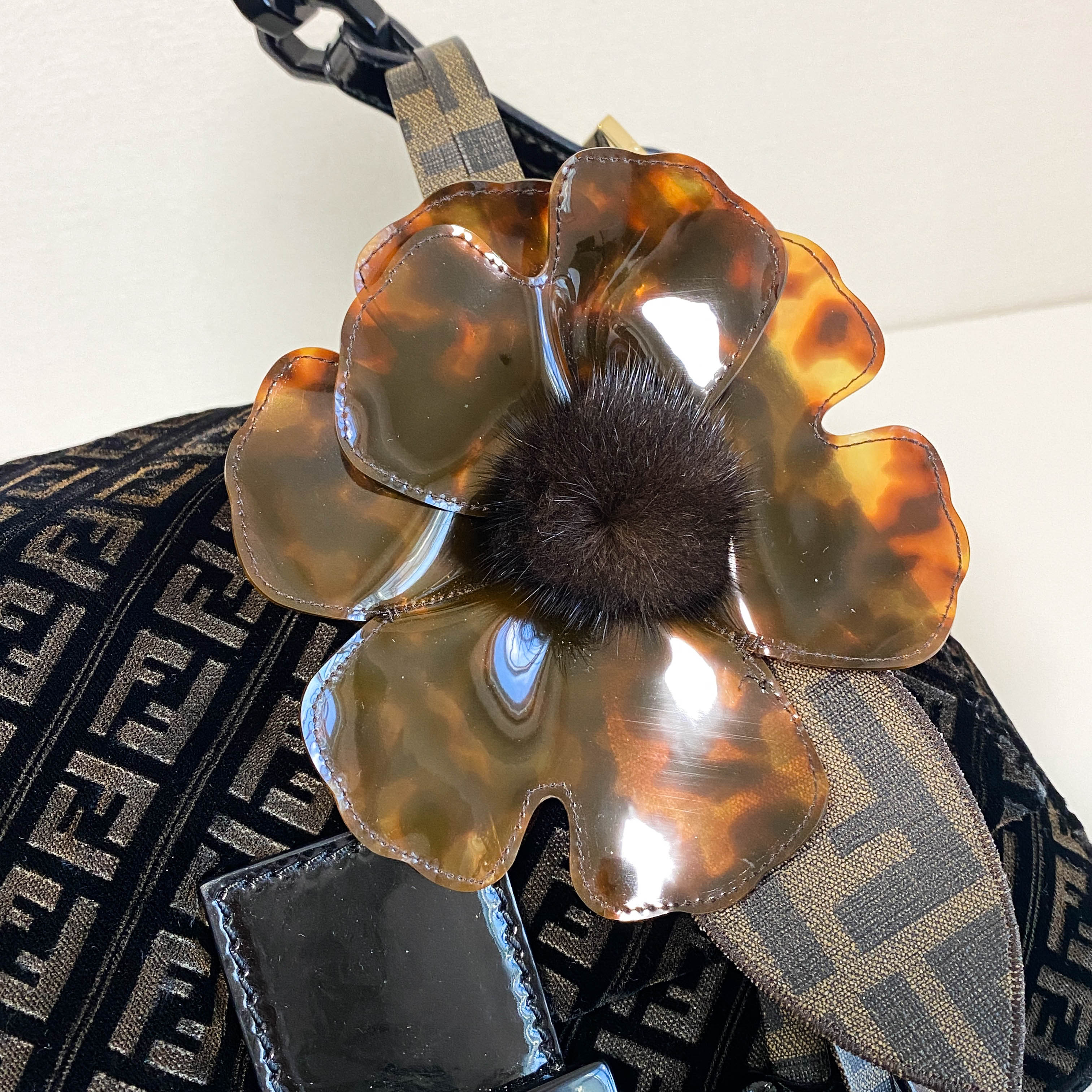 Mamma Baguette Black Velvet Shoulder Bag with Floral Corsage