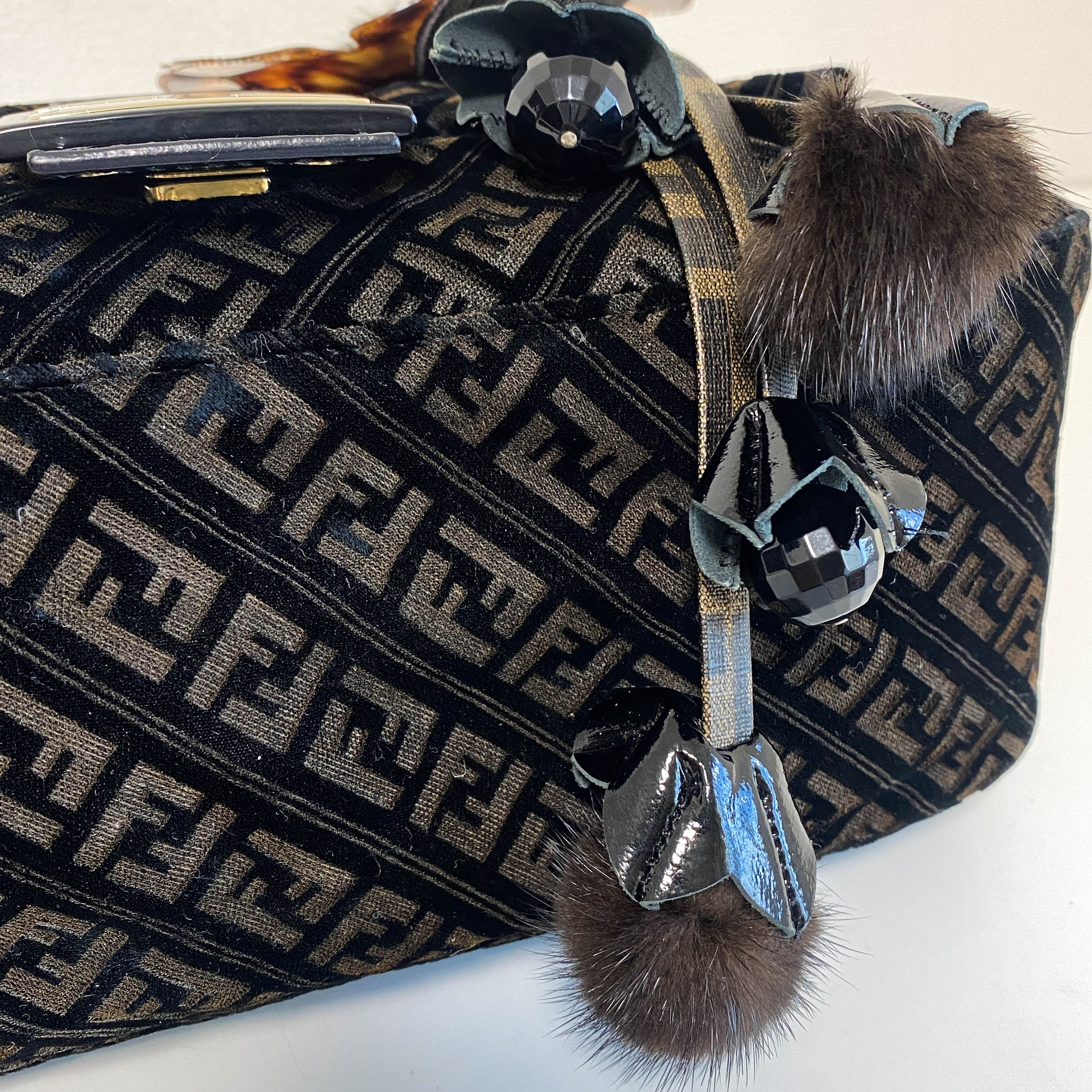 Mamma Baguette Black Velvet Shoulder Bag with Floral Corsage