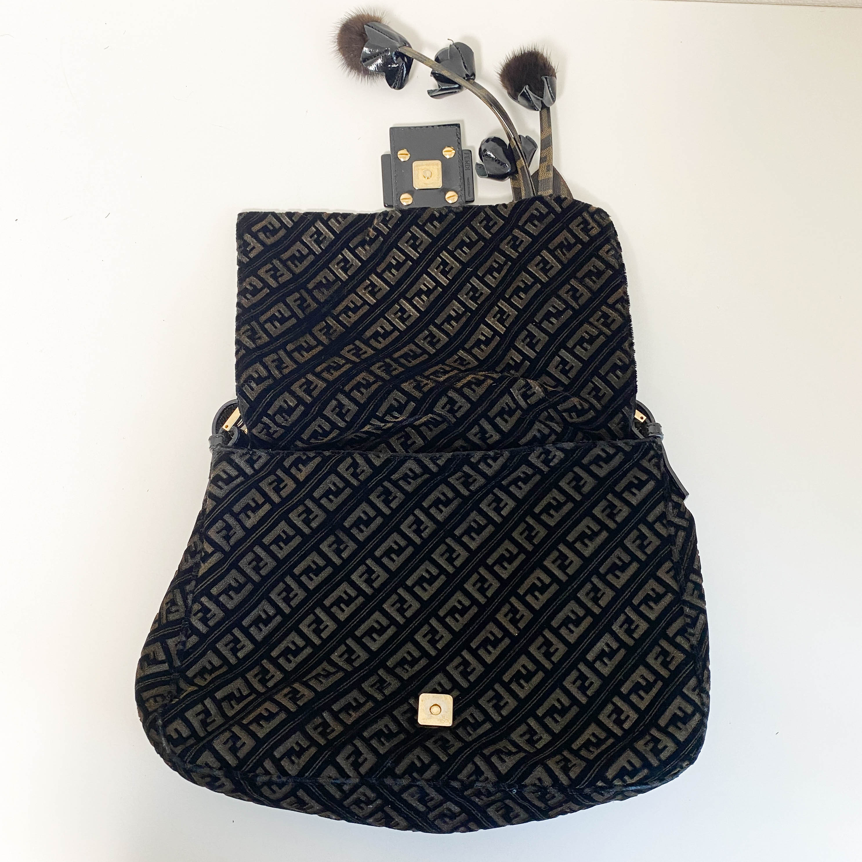 Mamma Baguette Black Velvet Shoulder Bag with Floral Corsage