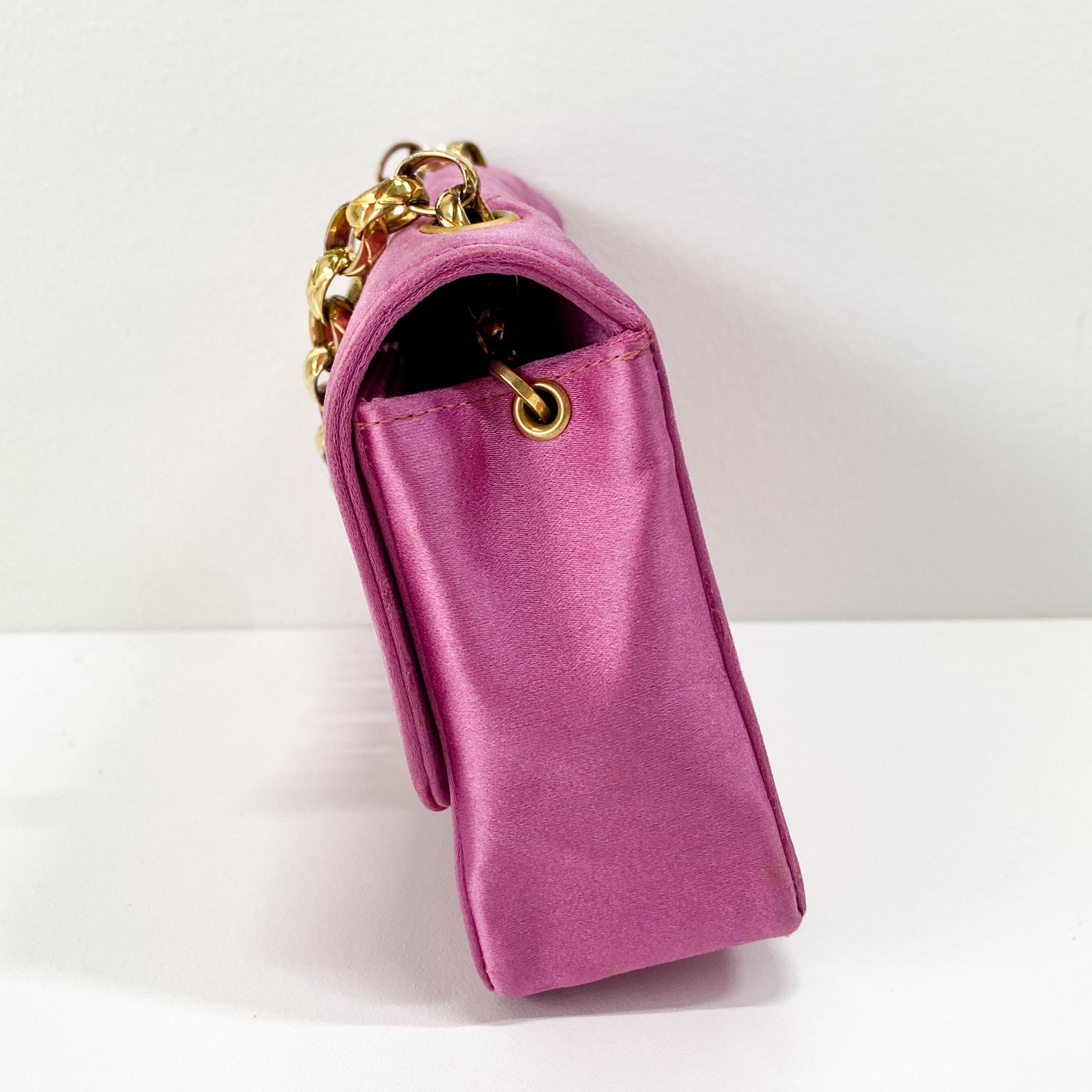 Diana Pink Satin Matelasse 18 Gold Chain Shoulder Bag