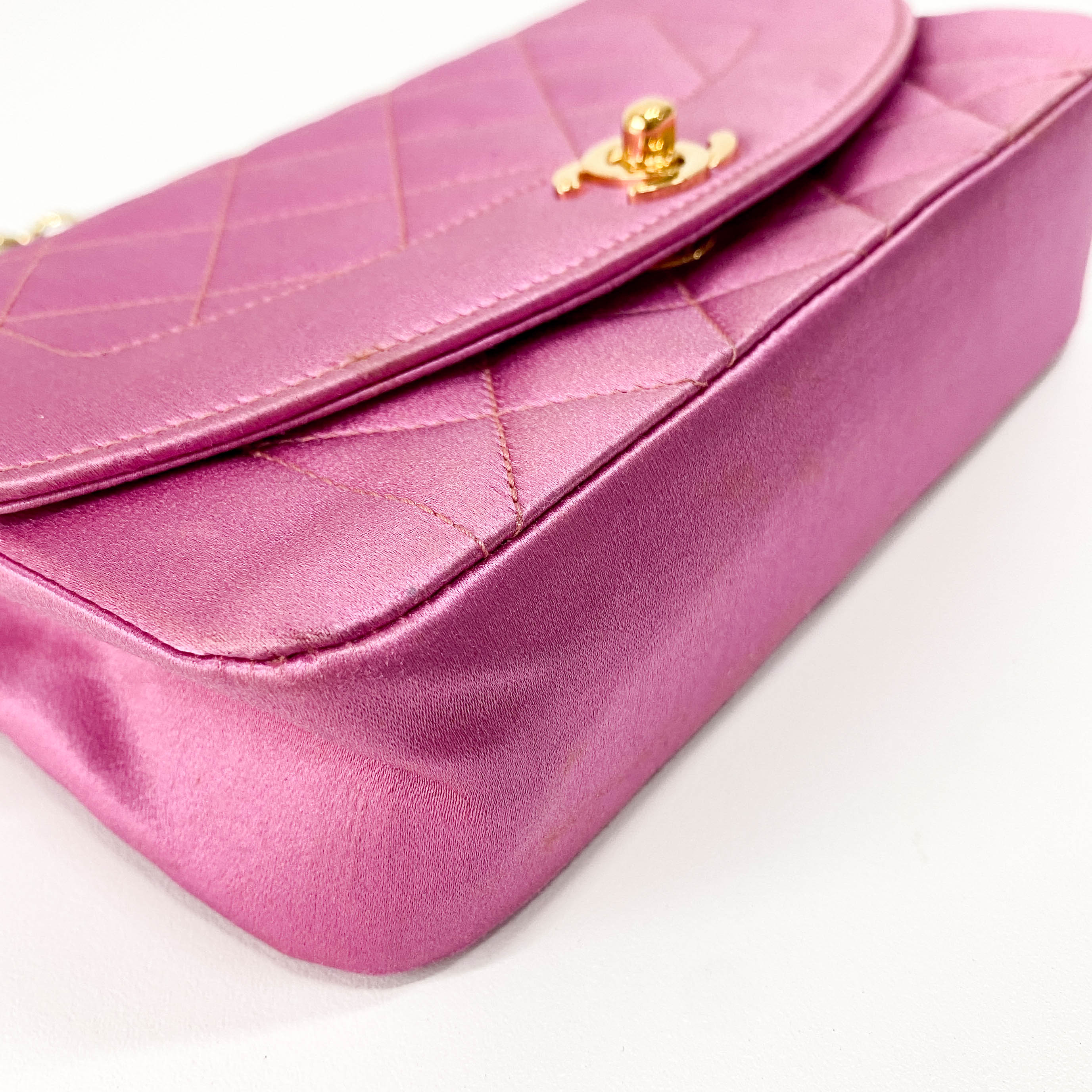 Diana Pink Satin Matelasse 18 Gold Chain Shoulder Bag