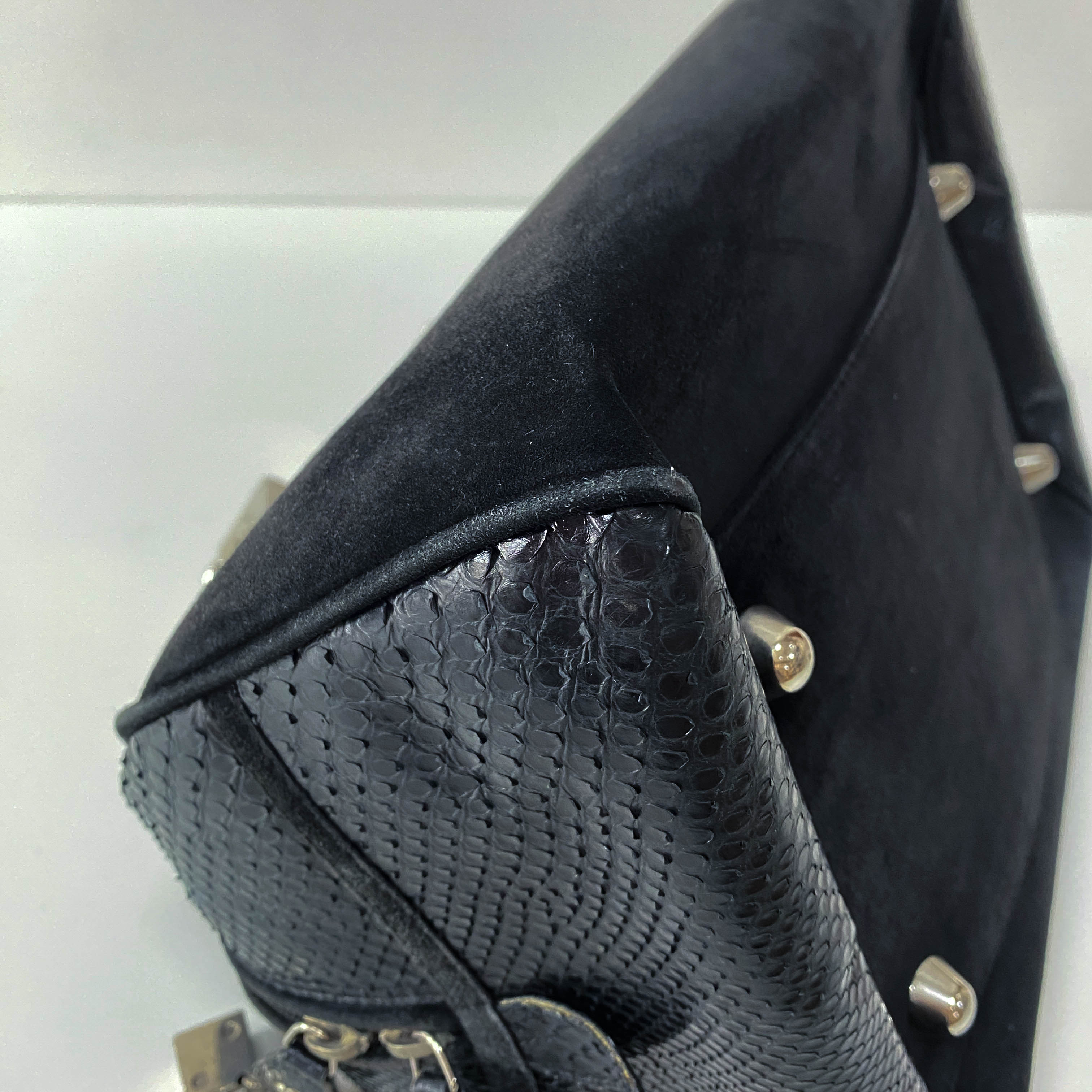 Gambler Black Suede & Python Leather Boston Bag