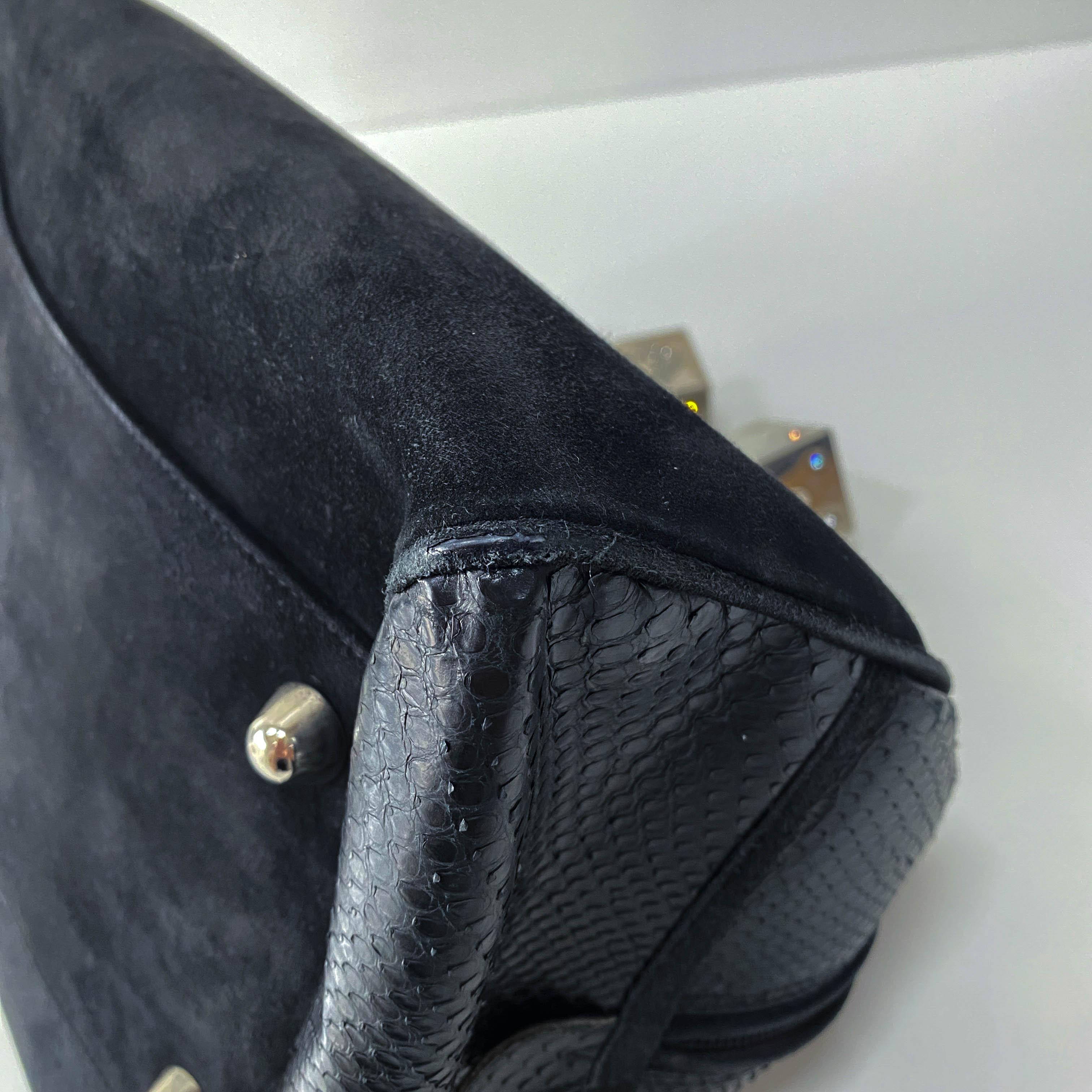 Gambler Black Suede & Python Leather Boston Bag