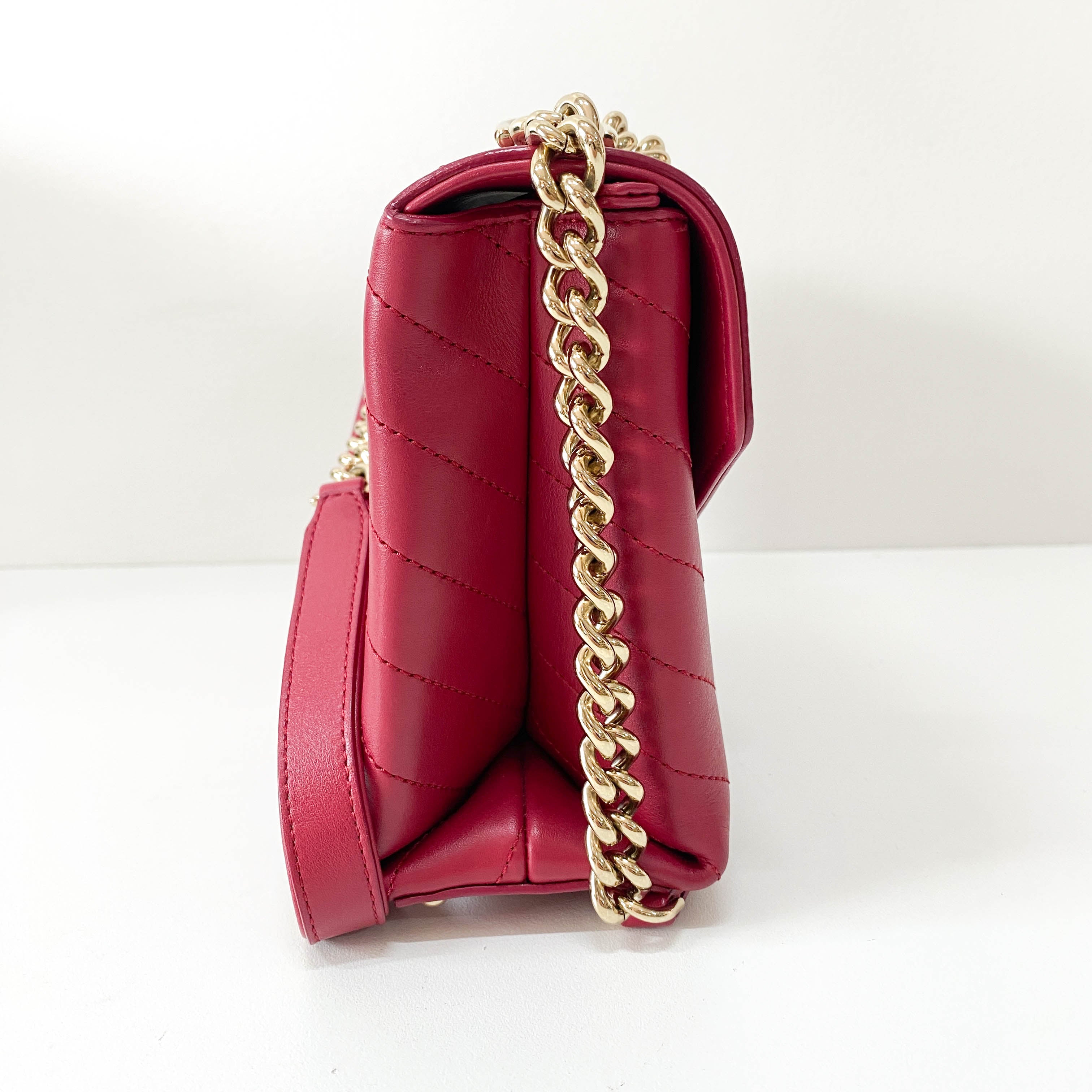 Chevron Red Leather Gold Chain Shoulder Bag