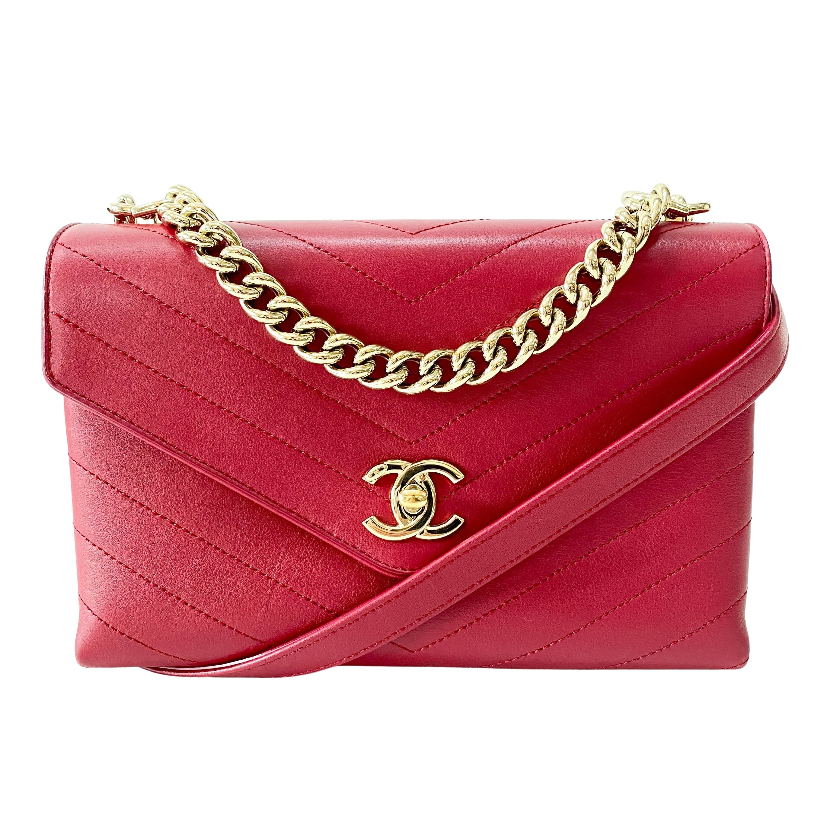 Chevron Red Leather Gold Chain Shoulder Bag