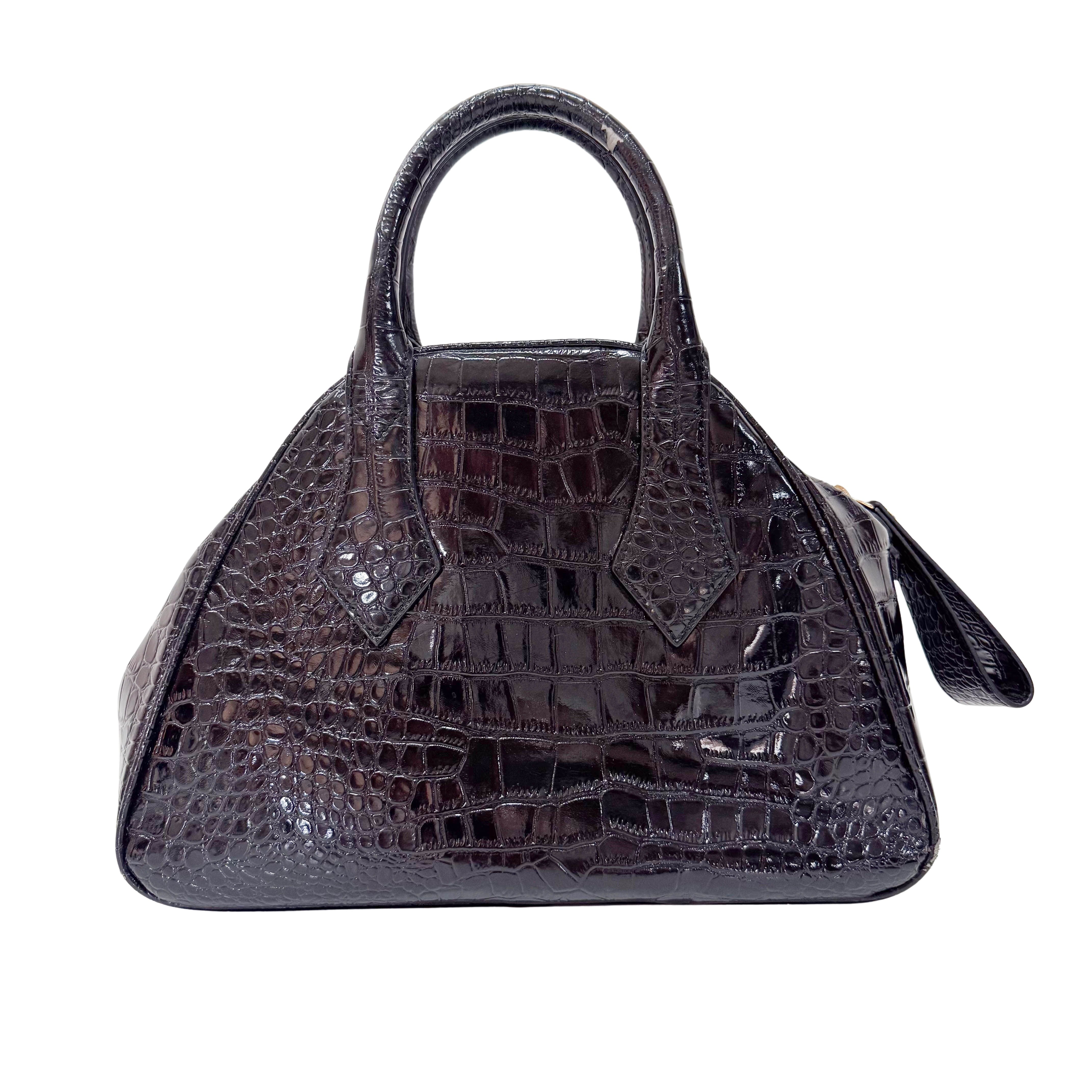 Black Embossed Croc Leather Handbag