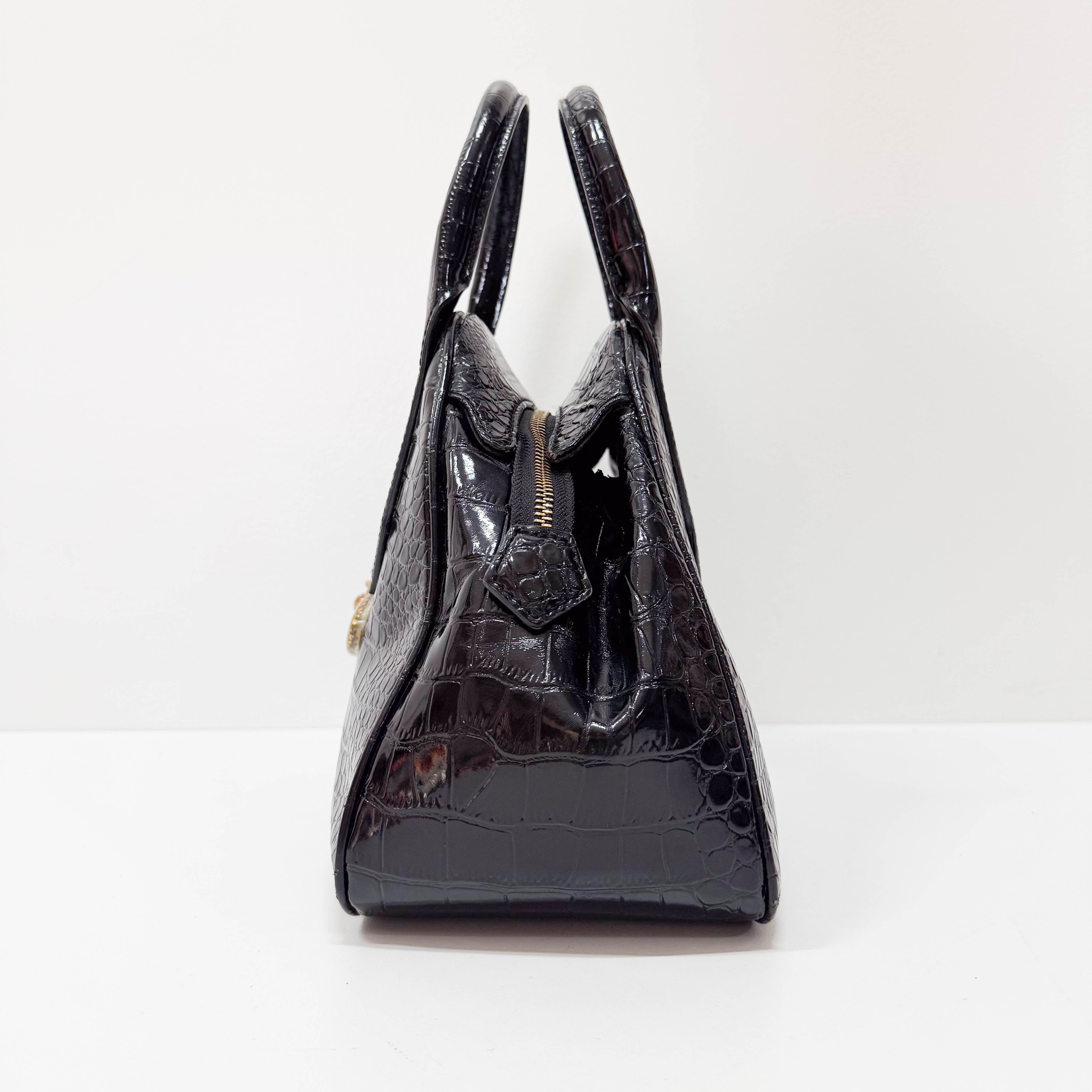 Black Embossed Croc Leather Handbag