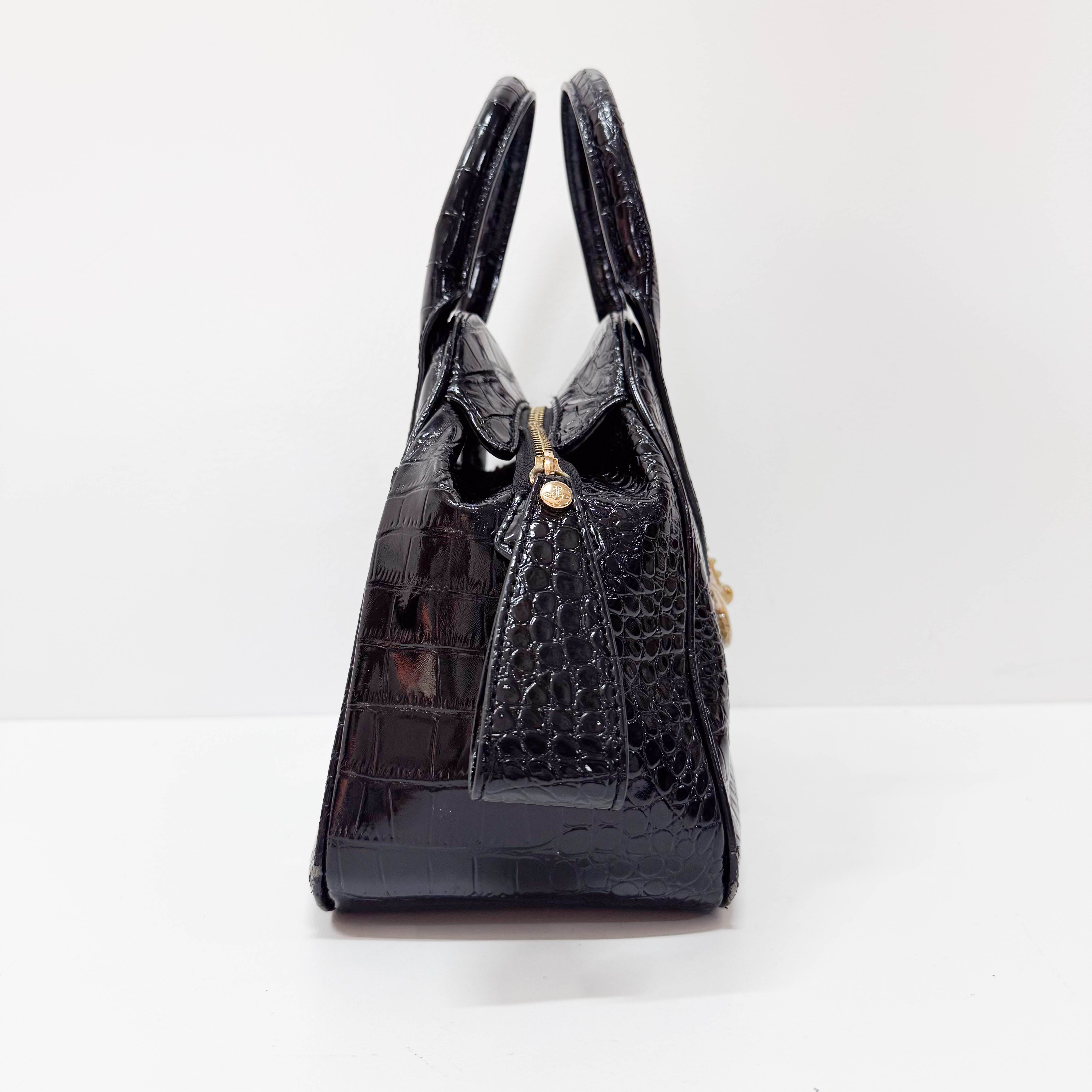 Black Embossed Croc Leather Handbag