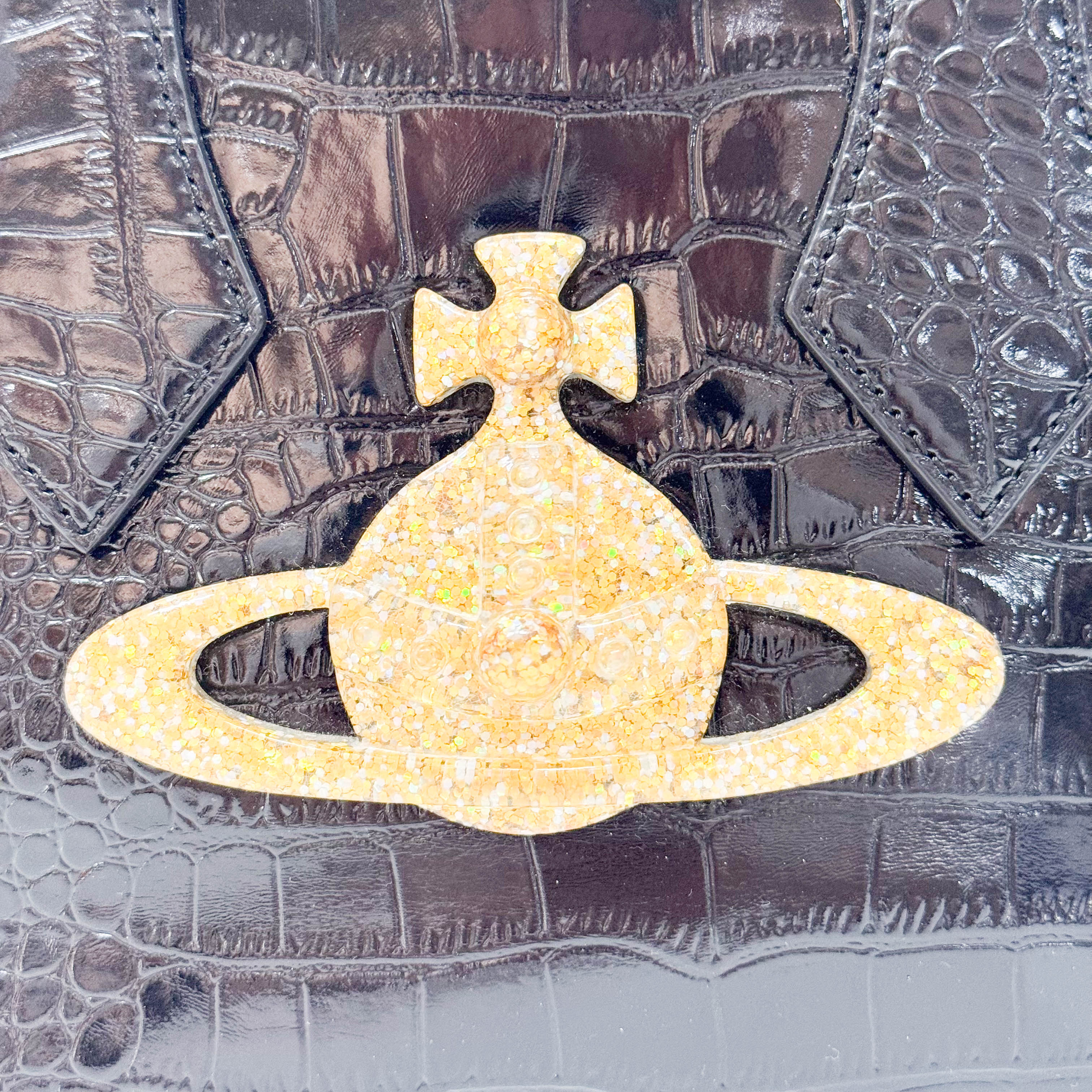 Black Embossed Croc Leather Handbag